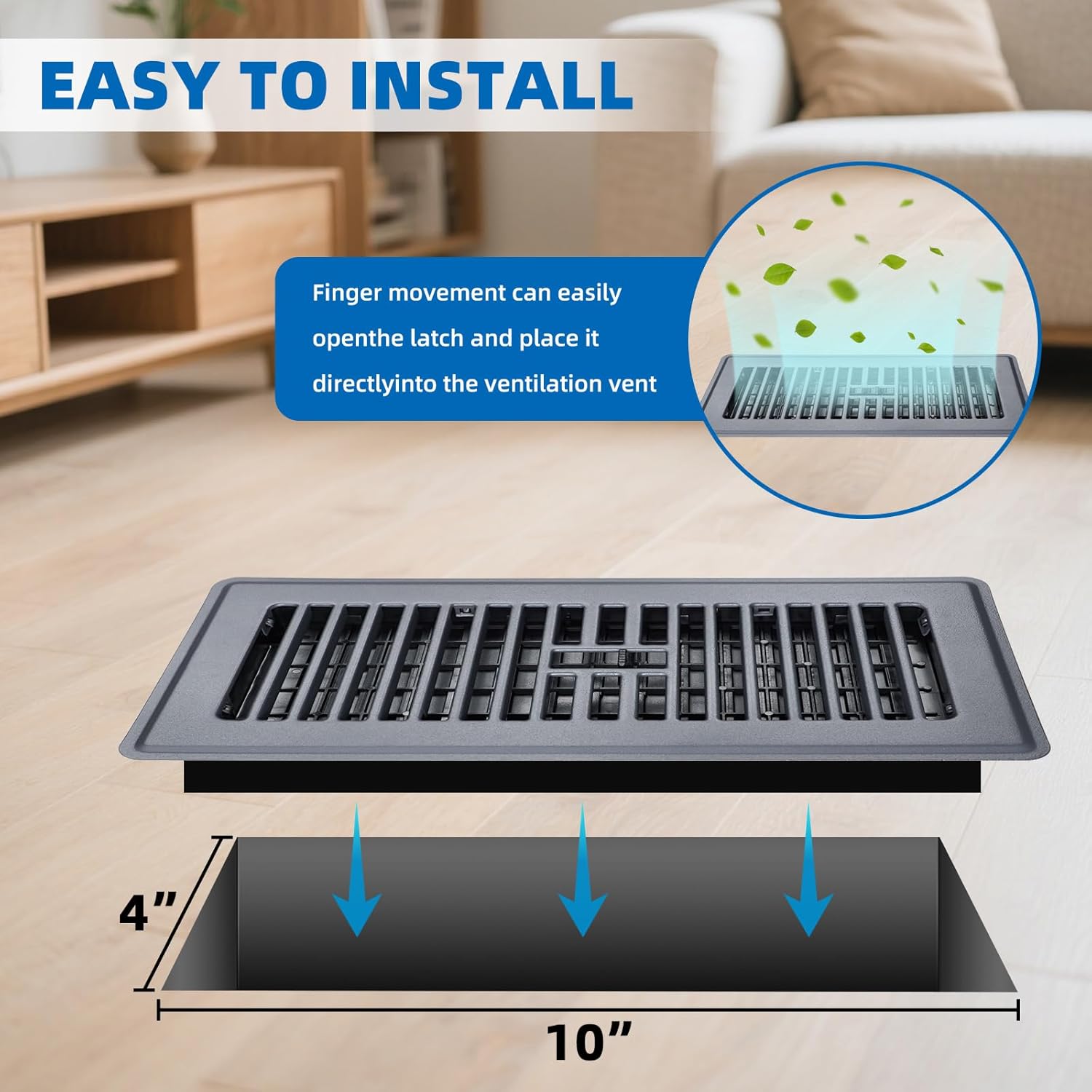 Floor Register 4x10-4 Pack Floor Vents Covers Heavy Duty Steel Walkable Floor Grates Vent Covers for Home Floor Intermediate Switch Design Adjustable Air Vent Covers for Sidewall and Floor, Gray
