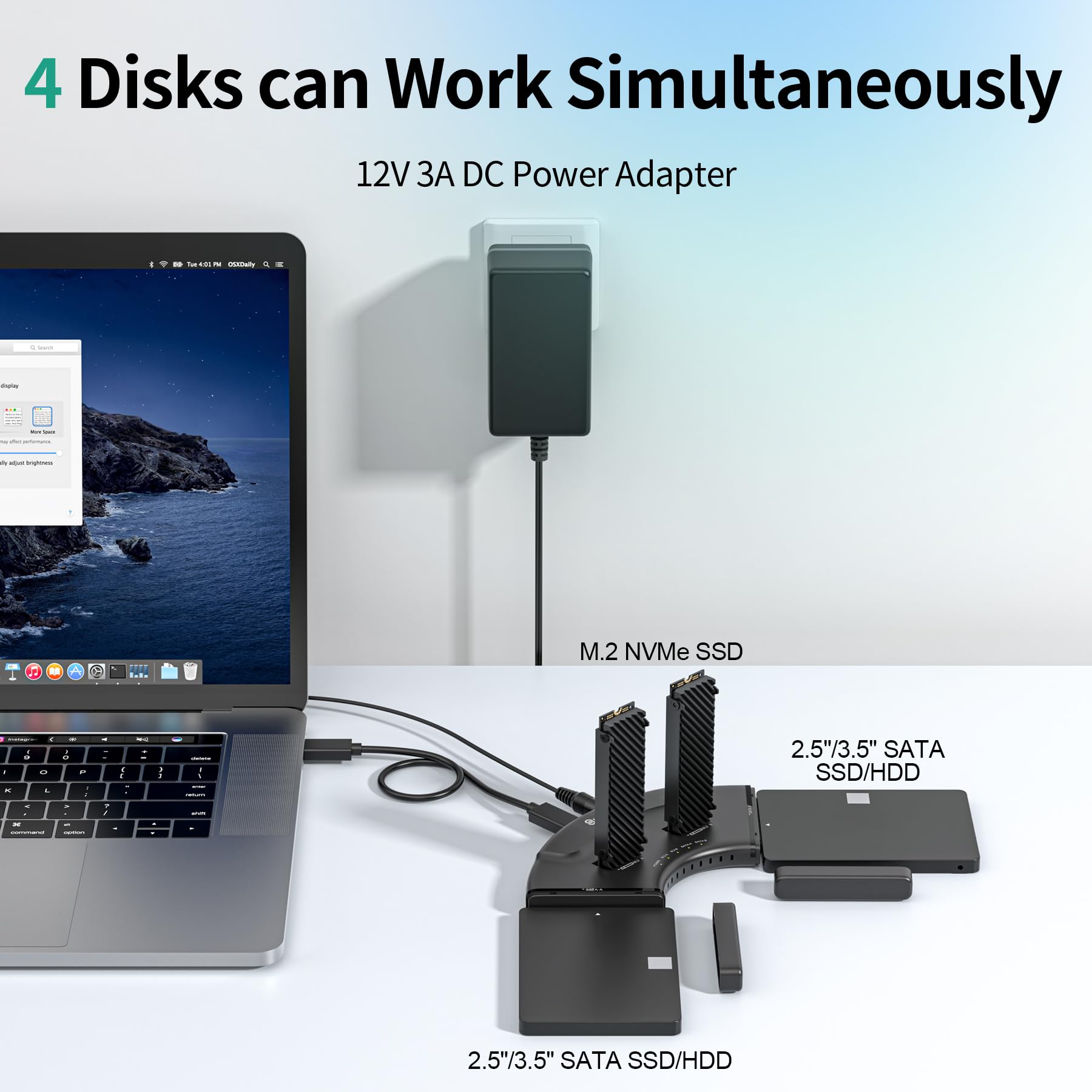 Adapter 2*M.2 PCIe + 2*SATA, czytnik typu C do M2 10 Gbps, zewnętrzna obudowa SSD NVMe USB Plug and Play, kompatybilna z M.2 (klucze M i M+B) wszystkich rozmiarów oraz SATA 2,5„/3,5”