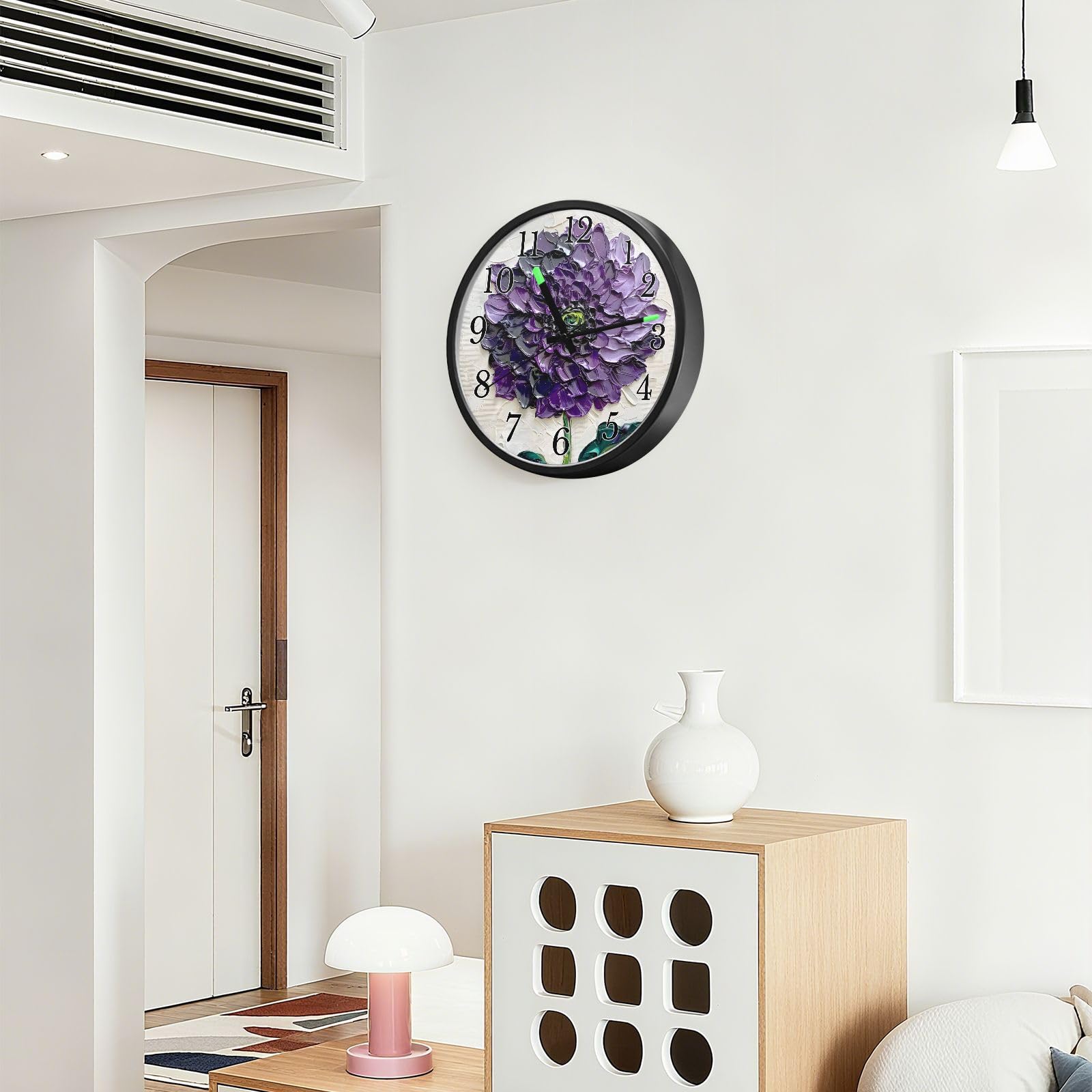Mnsruu Dhalia - Reloj de pared luminoso con diseño de flores y hojas verdes, funciona con pilas, silencioso, brilla en la oscuridad, para sala de estar, cocina, 30,5 cm