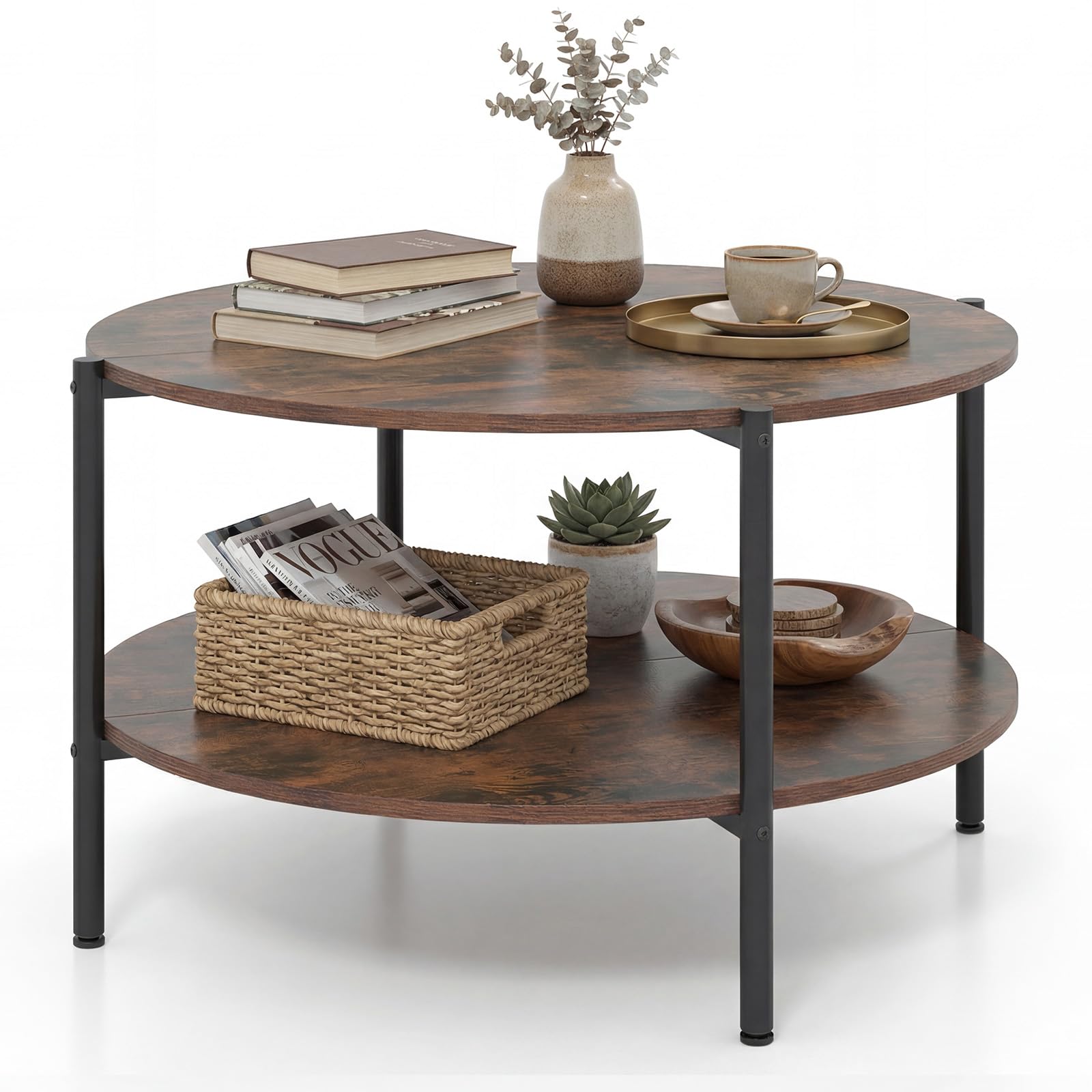 COSTWAY 85cm Round Coffee Table with Storage Shelf, 2-Tier Industrial Cocktail Center Table, Metal Frame Wooden Circle Accent Sofa Side Tea Tables for Living Room, Bedroom and Office (Rustic Brown)