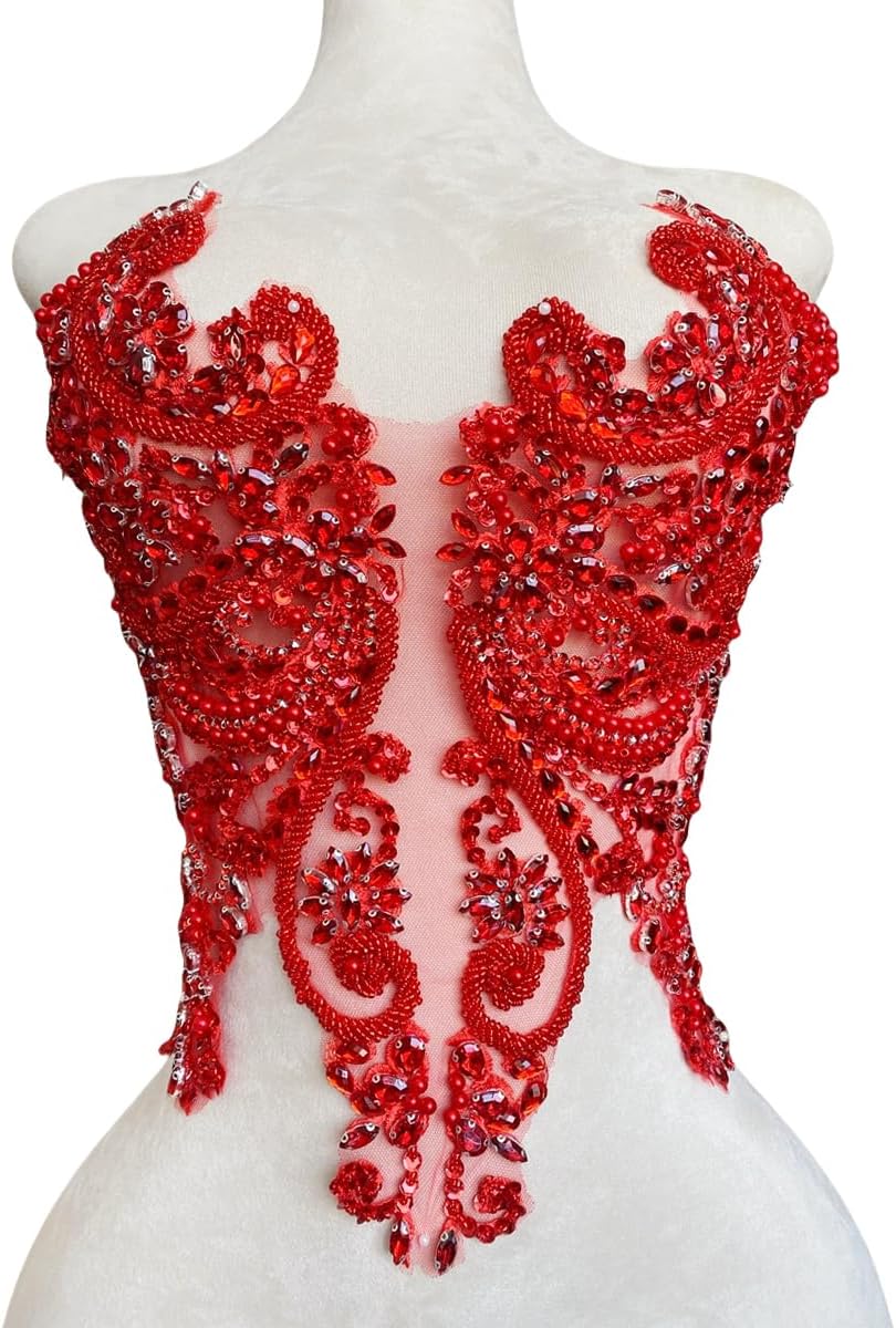 Handmade red Rhinestones Bodice lace Applique Hand Sewing Beaded Sequins Trim Patches for Dress Clothes Skirts Multiple Design Styles Accessories (G)