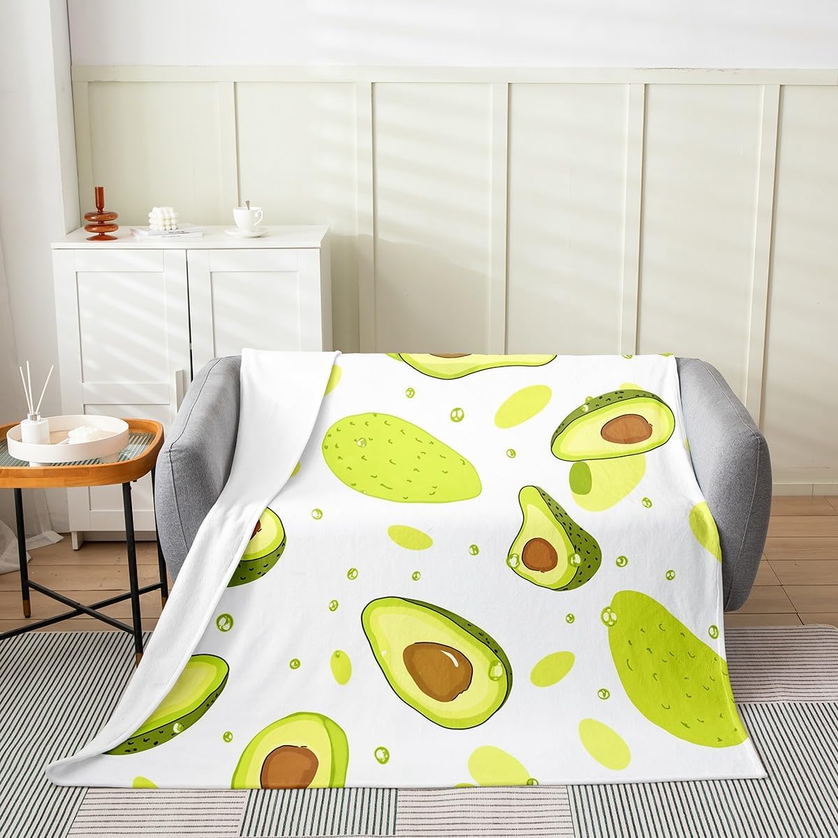 Avocado Fleece Blanket,Tropical Sweet Fruits Happy Summer Bed Blanket for Kids Teens,Cartoon Cute Avocados Green White Flannel Blanket for Room Decor,Queen 90"x90"