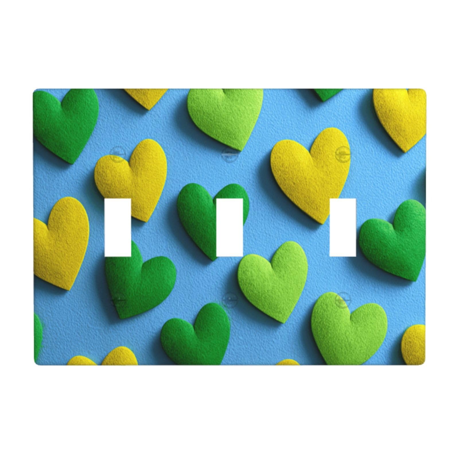 Green and Yellow Hearts On A Blue Light Switch Covers 3 Gang Triple Toggle Wall Plate Switchplate Electrical Faceplate for Bathroom Kitchen Bedroom Decor
