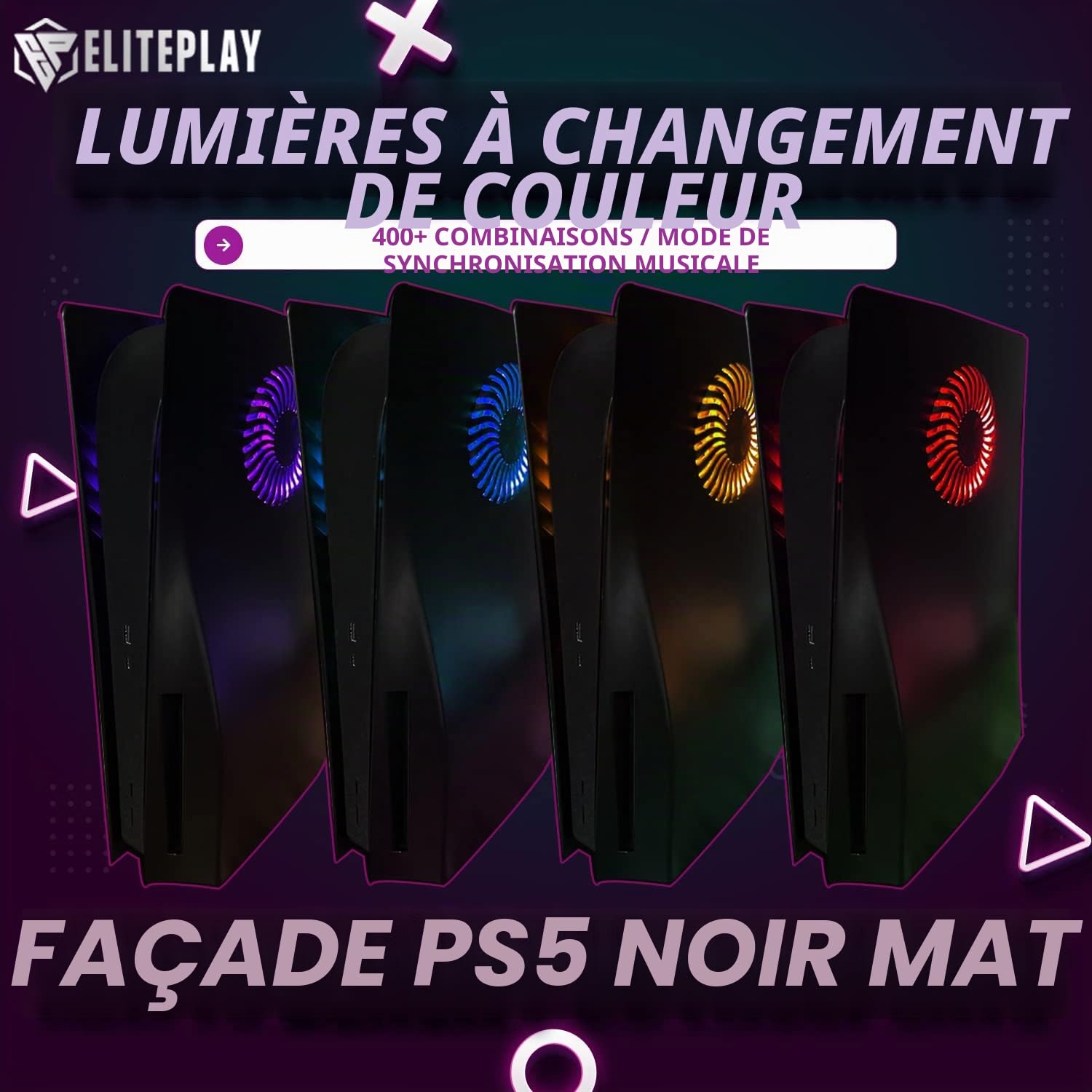 ElitePlay Façade noire PS5 avec lumières LED et grille d'aération de rechange pour Playstation 5 Disc Edition