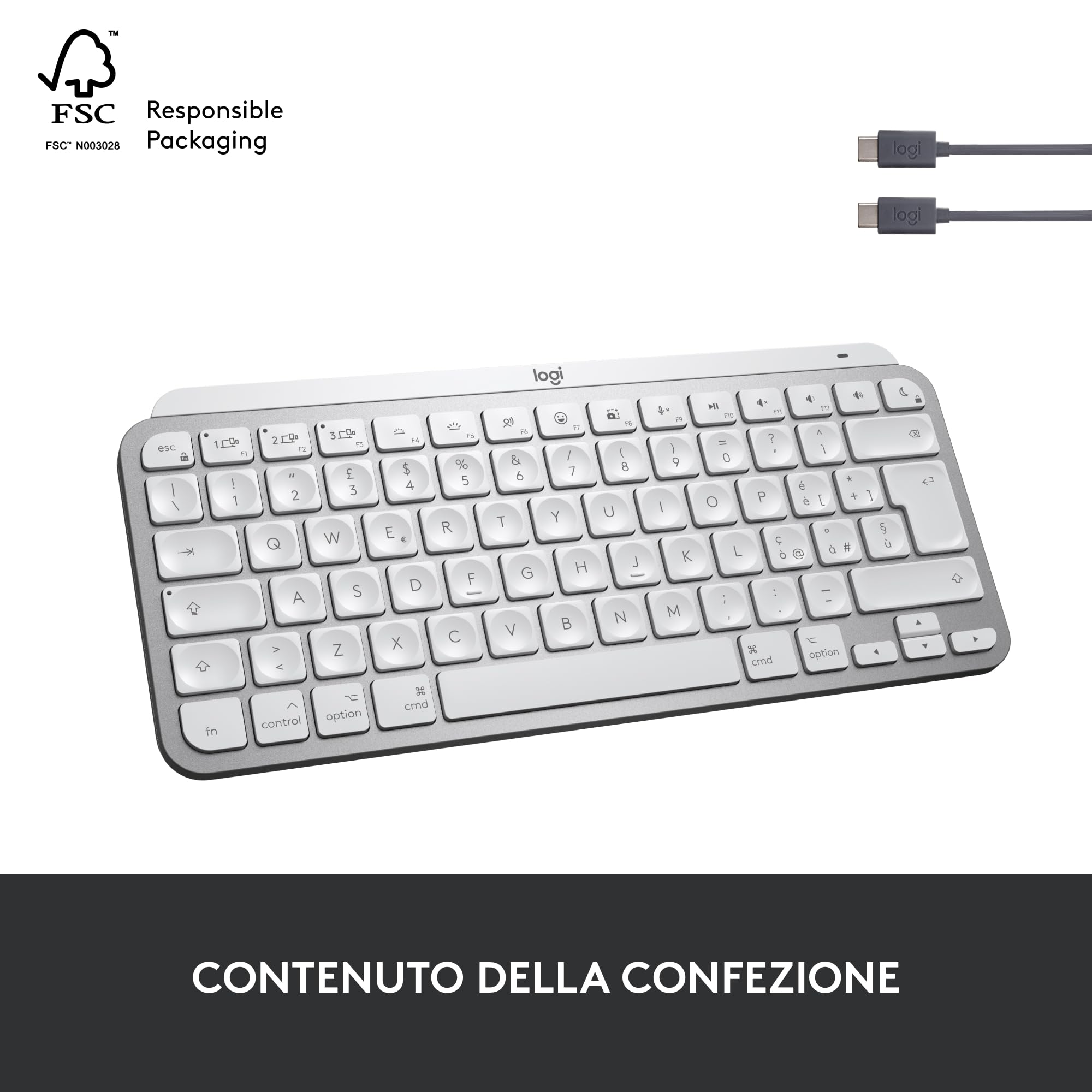 Logitech MX Keys Mini Mac - Tastiera Wireless Minimalista, Compatta, Bluetooth, Tasti Retroilluminati, USB-C, Compatibile Con MacBook Pro, MacBook Air, IMac, IPad, Italiano QWERTY - Grigio Claro