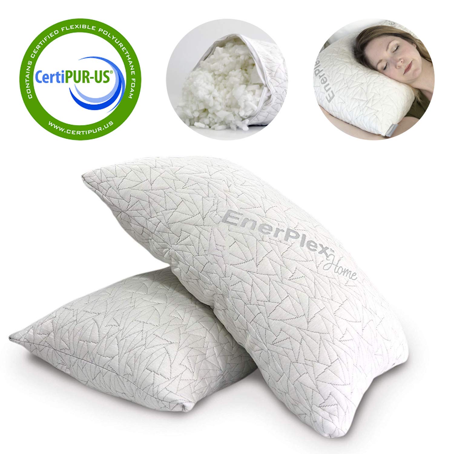 EnerPlex Never-Flat King Pillows 2-Pack, CertiPUR-US Certified Adjustable Shredded Memory Foam Luxury King Size Pillow, Machine Washable, Bamboo Cover, 36x20 Lifetime Promise, Will Not Go Flat