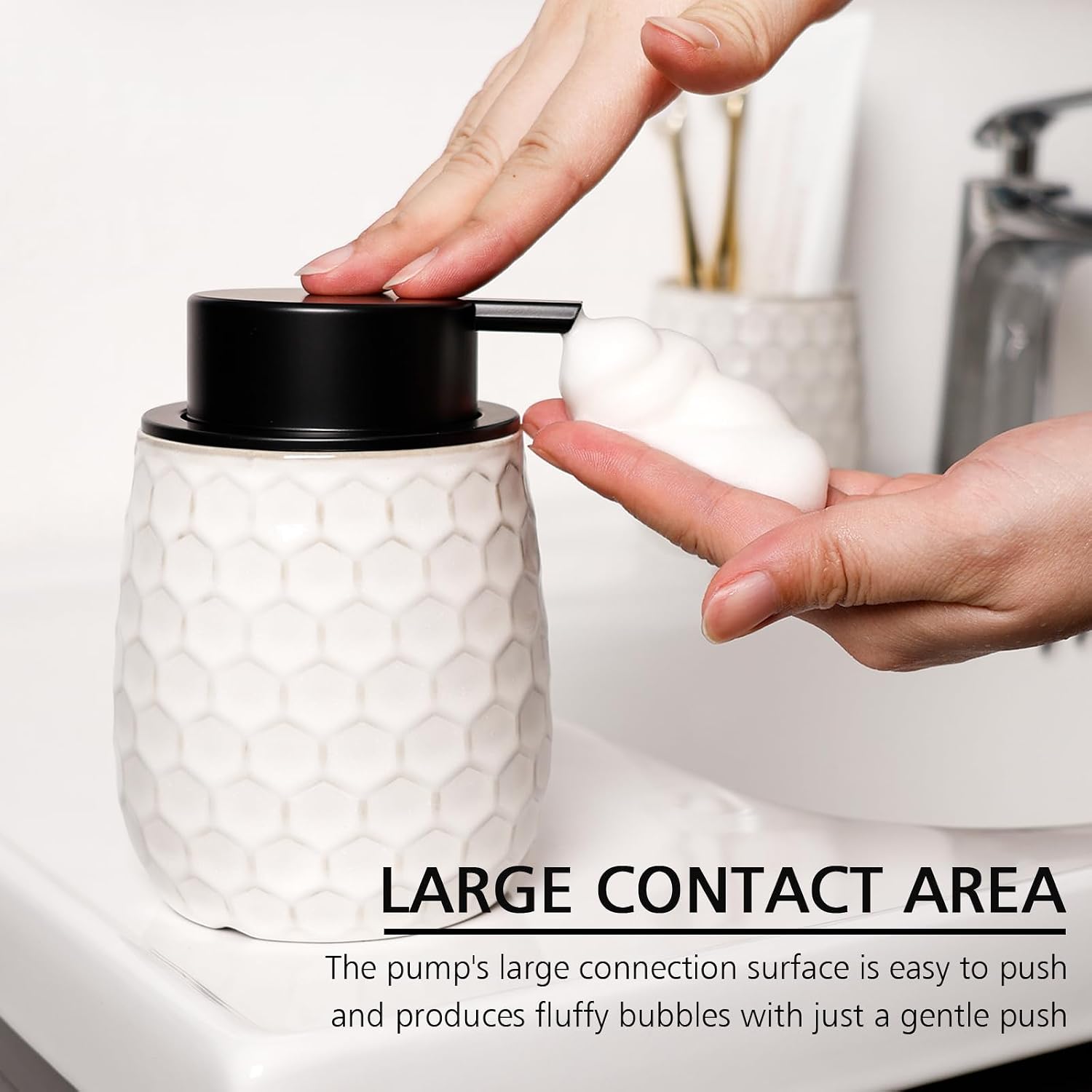 Foaming Soap Dispenser, 12OZ Ceramic Foam White Hand Soap Dispenser with Honeycomb Design for Kitchen or Bathroom, Refillable Dish Lotion Dispenser, ANTIS'S HOME