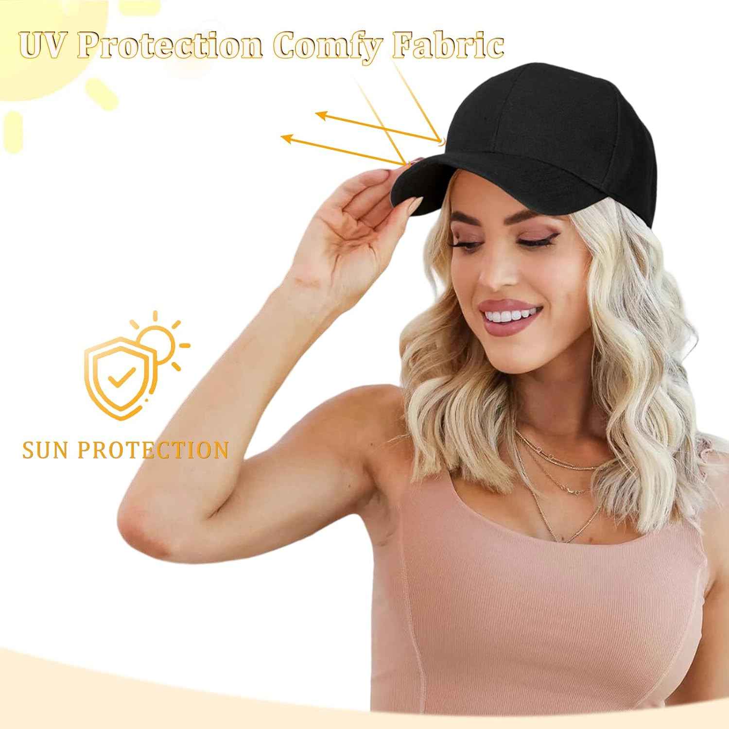 Baseball Cap with Hair Extensions Hat Wig Adjustable Hat Attached Curly Wave 14" Synthetic Hairpiece for Women Silver Gray