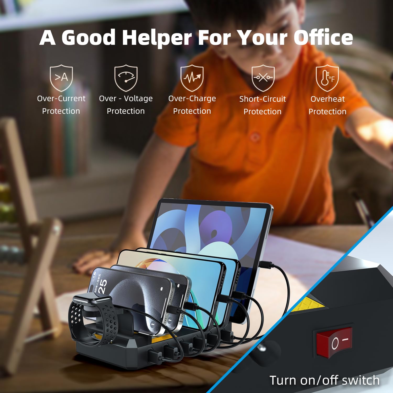 Station de charge pour plusieurs appareils, station de charge USB 50 W 6 ports avec support de montre magnétique, station de charge mécanique, câble 6 ports inclus, noir