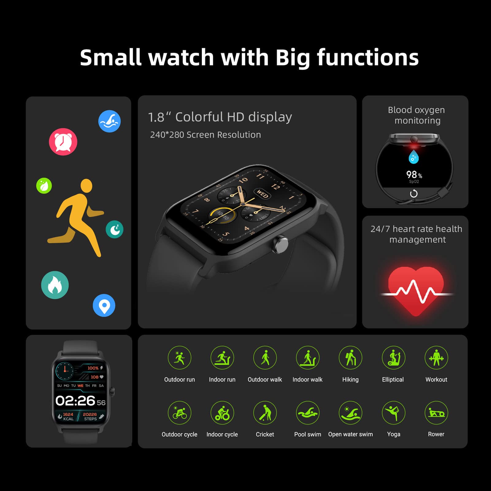 1 8 pollici Smart Watch IP68 per Uomini Donne BT5 3 Registrazione Esercizio Telefoni Android iOS