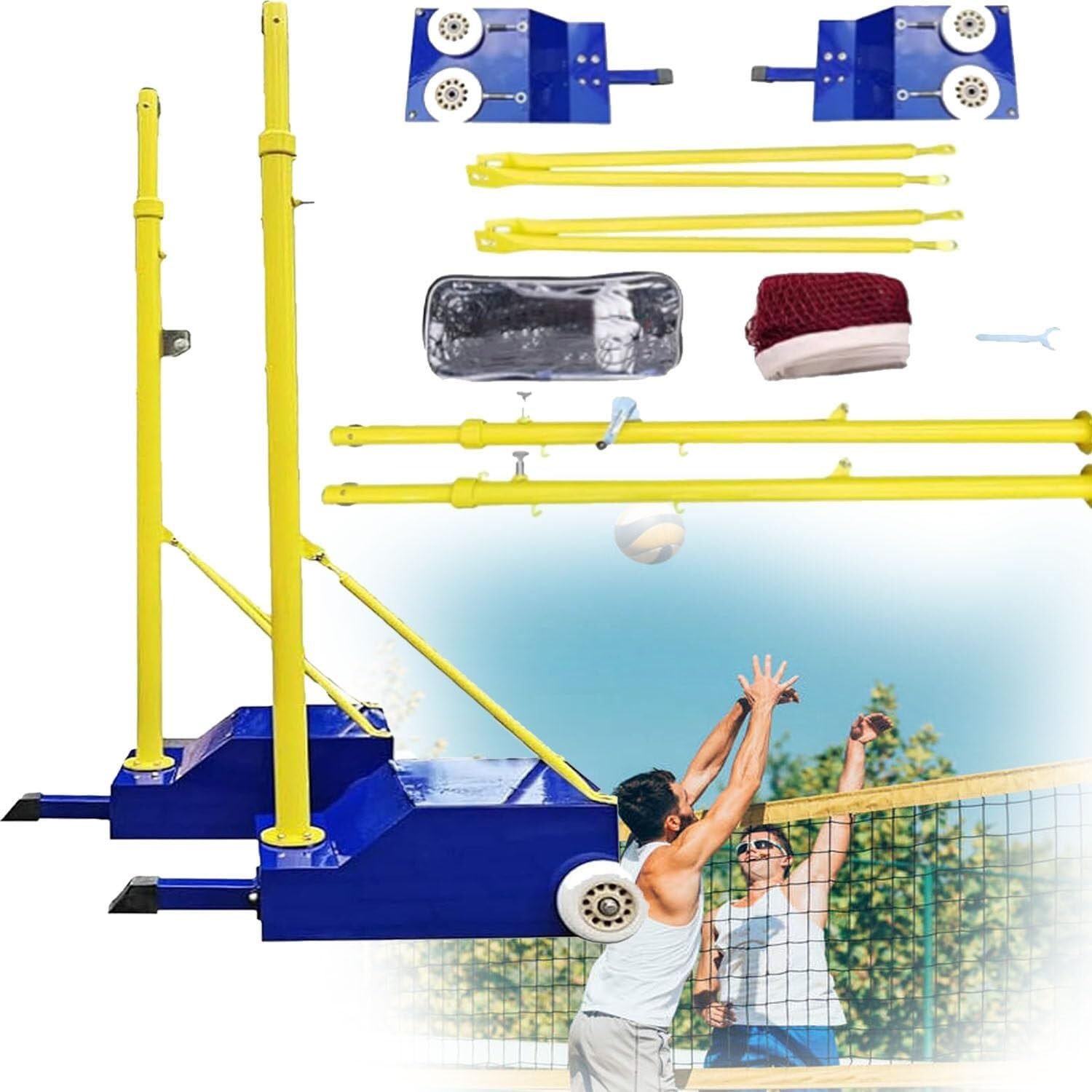 Volleyball Poles, Outdoor Heavy Duty Volleyball Pole, Badminton Net Stand Portable, with Moving Wheel Height Adjustable 1.55-2.1m, for Court/Beach/Driveway, Easy to Move