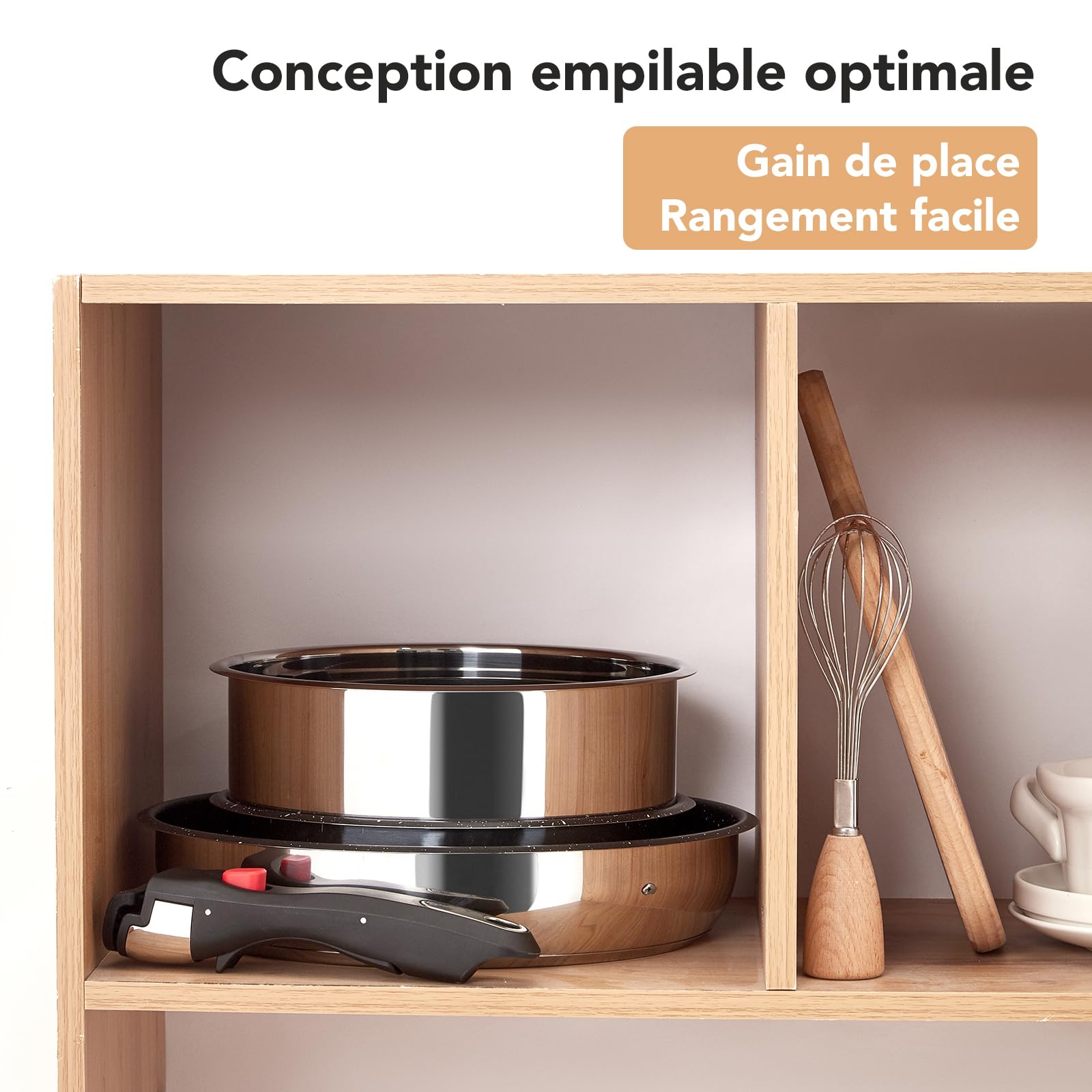 ROSSETTO Batterie de cuisine 7 pièces induction inox poele Set de casseroles avec poignées amovibles, poêle antiadhésive sans PFAS de 20/26 cm et casserole de 16/20 cm, résistante au four
