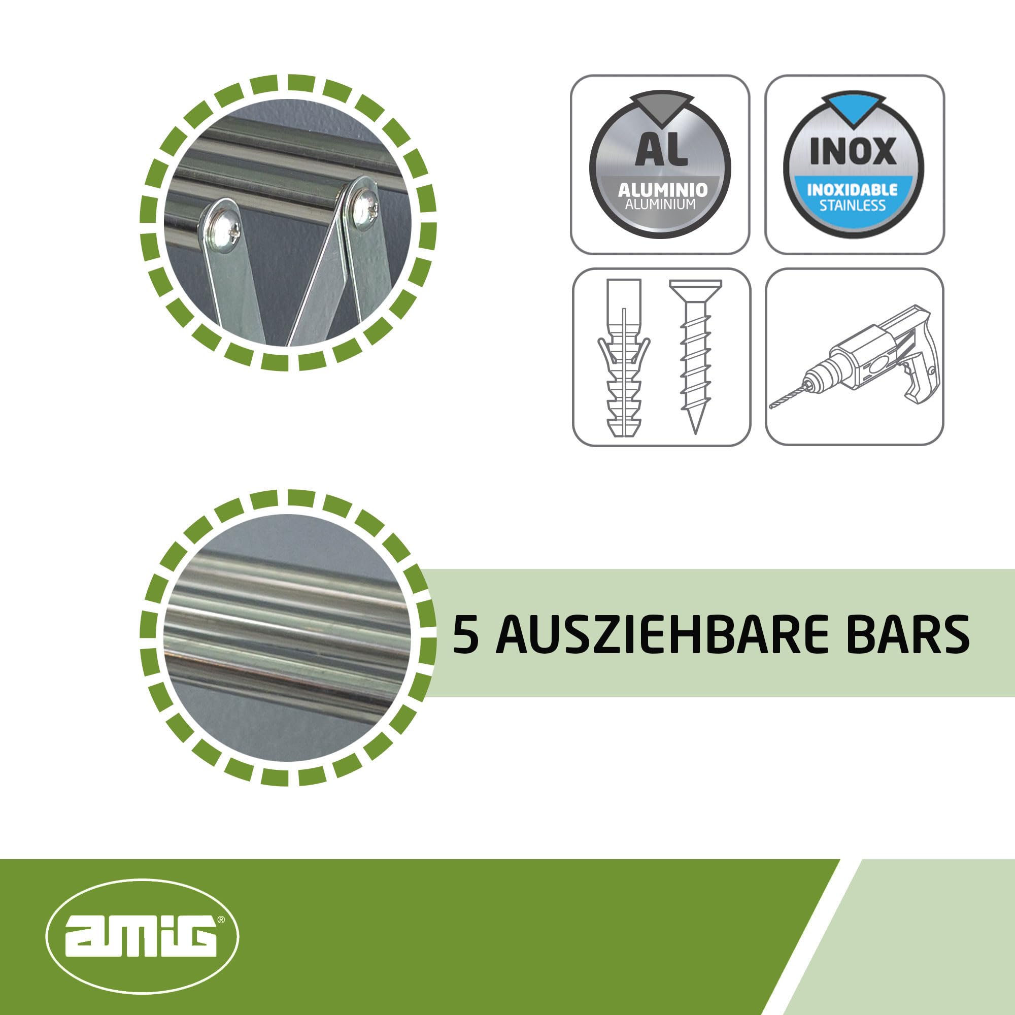 Amig - Ausziehbarer Wandwäscheständer | Hergestellt aus hochfestem Aluminium | Edelstahlfarbene Oberfläche | Maße: 80x14x3cm | Faltbarer Wäscheständer | Außenwäscheständer