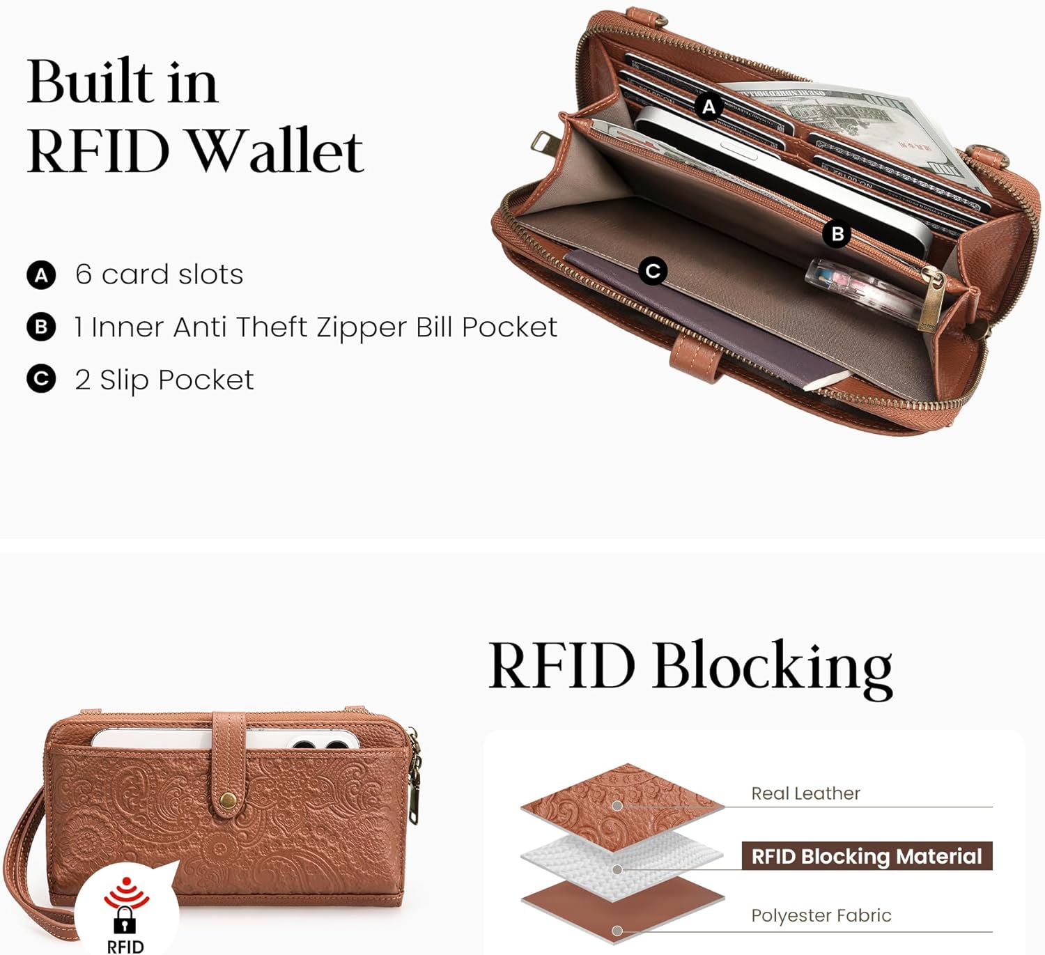befen Leather Wristlet Wallet for Women Cell Phone Purse with Built in Wallet Vintage Leather Crossdody Bag Clutch Purse