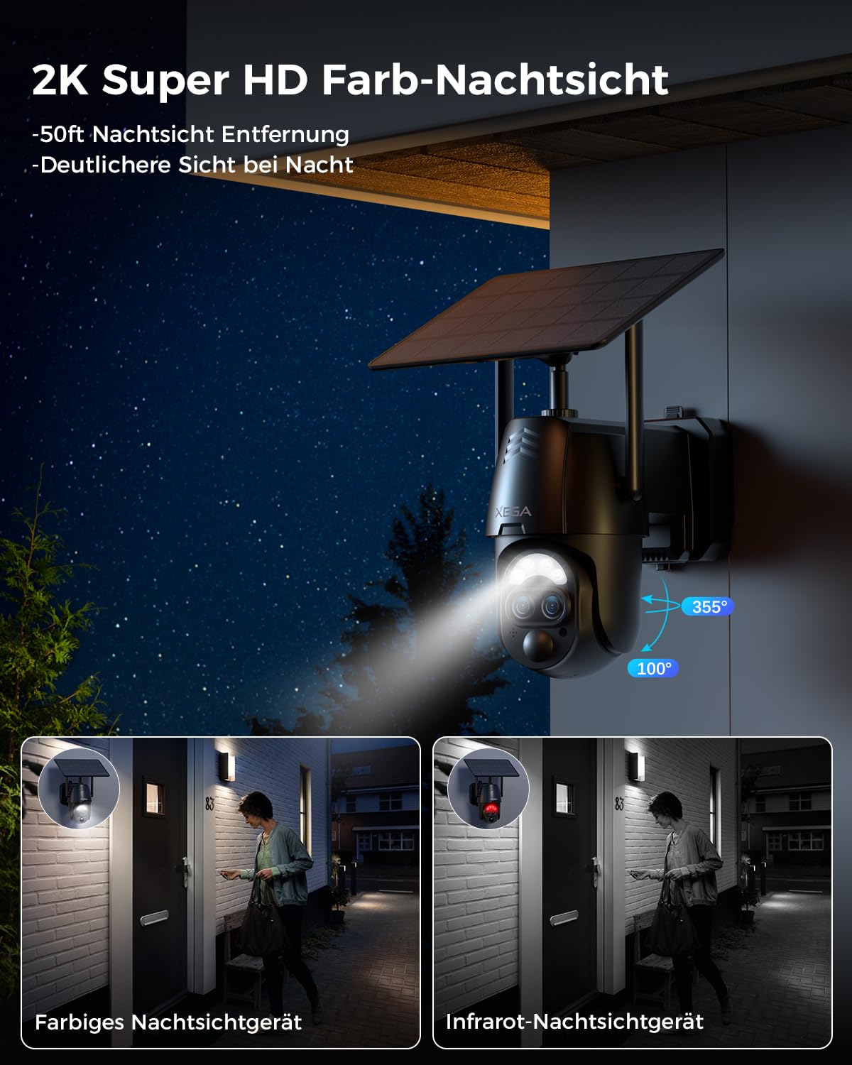 Xega Überwachungskamera Aussen Solar mit Dual-Objektiv【12X Hybrid-Zoom】 2K Kabellos WLAN Kamera Outdoor 8000MAh, AI Human Detection, 0,2s Alarm, Farbnachtsicht, 2-Wege-Audio, 2,4GHz WLAN, TF/Cloud