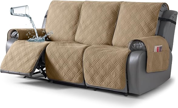 TAOCOCO 100% Waterproof Recliner Sofa Cover, Non Slip Split Couch Covers for Reclining Couches with Elastic Straps, Washable Reclining Sofa Cover Furniture Protector for Kids Pets3 Seater, Camel