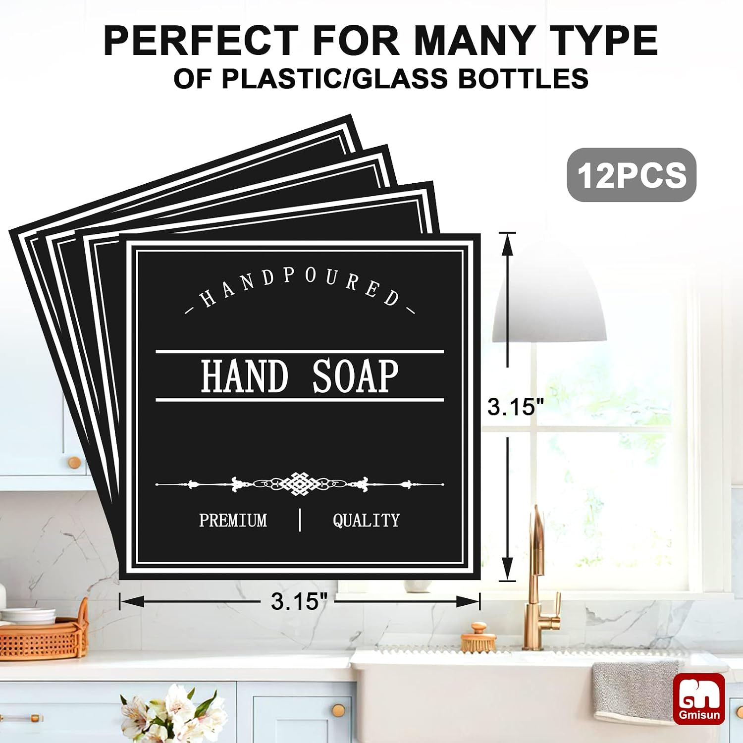GMISUN Waterproof Labels for Bottles, 12Pack Black Hand Soap Labels for Shampoo and Conditioner Bottles, Removable Farmhouse Bathroom/Kitchen Clean Labels Stickers for Glass/Plastic Bottles