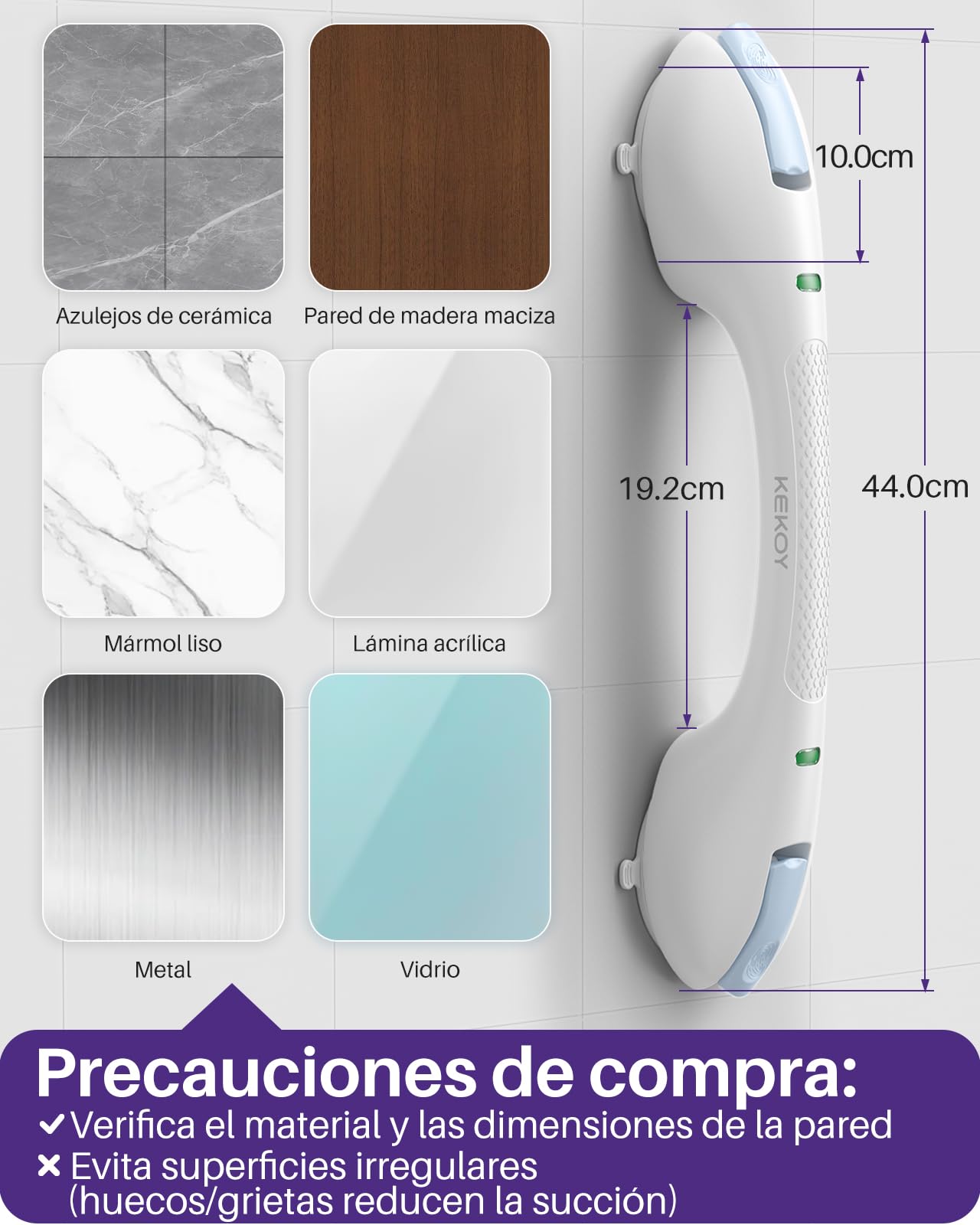 KEKOY Agarraderas Baño para Mayores con Indicador, Agarrador Ducha para Personas Mayores y con Discapacidades – Asidero de Ducha Seguro y Resistente, Sin Taladrar y Desmontable (Azul*1, 44.5 cm)