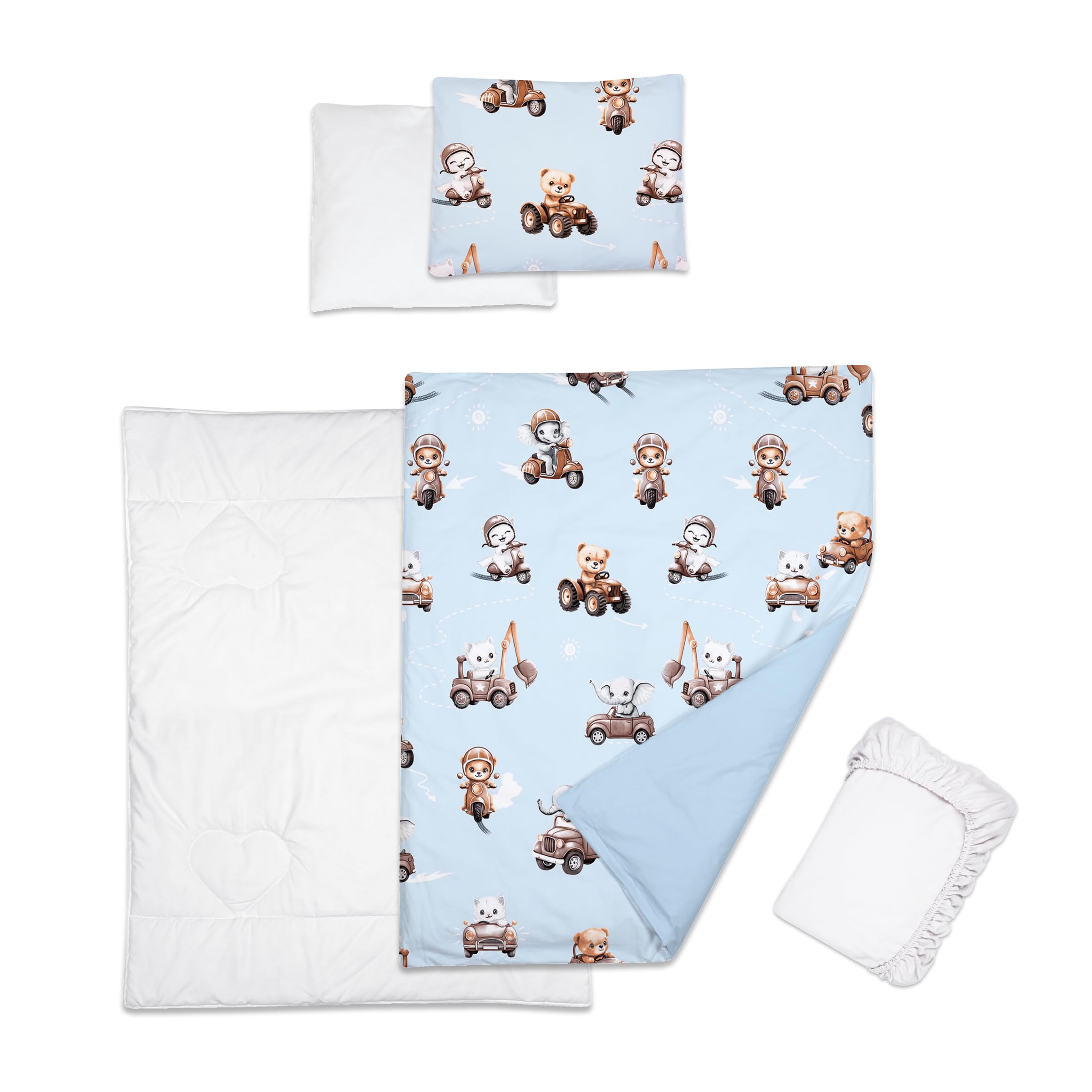 Baby Comfort 5 Piece Toddler Bedding Duvet Pillow with Covers & Jersey Sheet fits 90x55cm Bedside Crib 12M+ (Animals in transport)