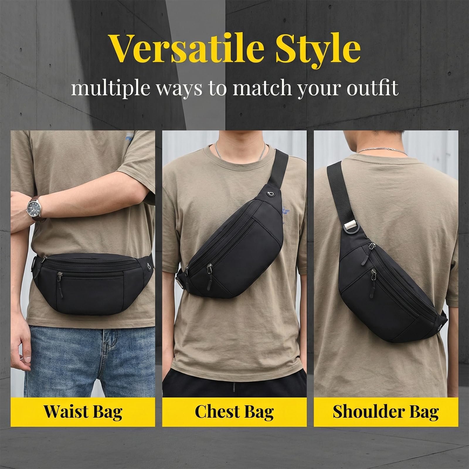 Sac Banane Noir Imperméable à Bandoulière Ajustable, pour Voyage Shopping et Quotidien