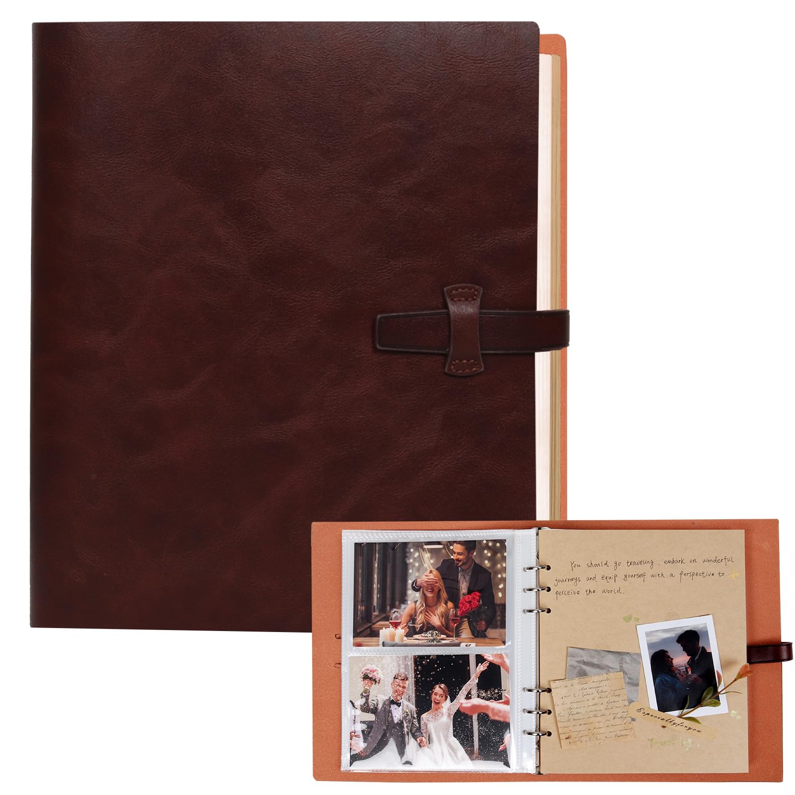 RECUTMS Leather Photo Album 4x6 200 Photos Leather Cover Refillable Scrapbook with 30 Writing Pages Vintage Picture Album for Travel Wedding Kids Graduation Baby Memory Book（Brown） — image 1