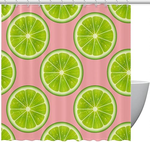 KXO Cortina de ducha con diseño de lima fresca y verde con fondo rosa, impermeable, lavable, juego de cortinas de baño de poliéster con ganchos, 72