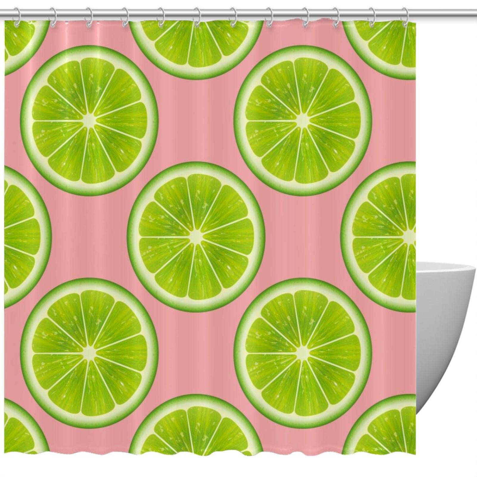 Rideau de douche vert citron vert fond rose pour stopper les éclaboussures