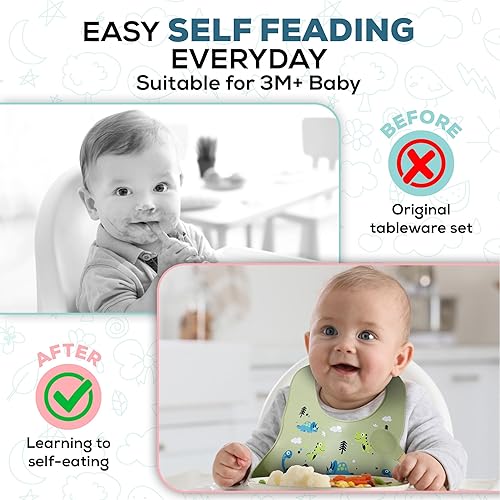 Miniatura 6 de SiliTime - Juego de alimentación de bebé de silicona con temática de dinosaurios, tapete de succión con receptor de alimentos y chupete, 8 piezas