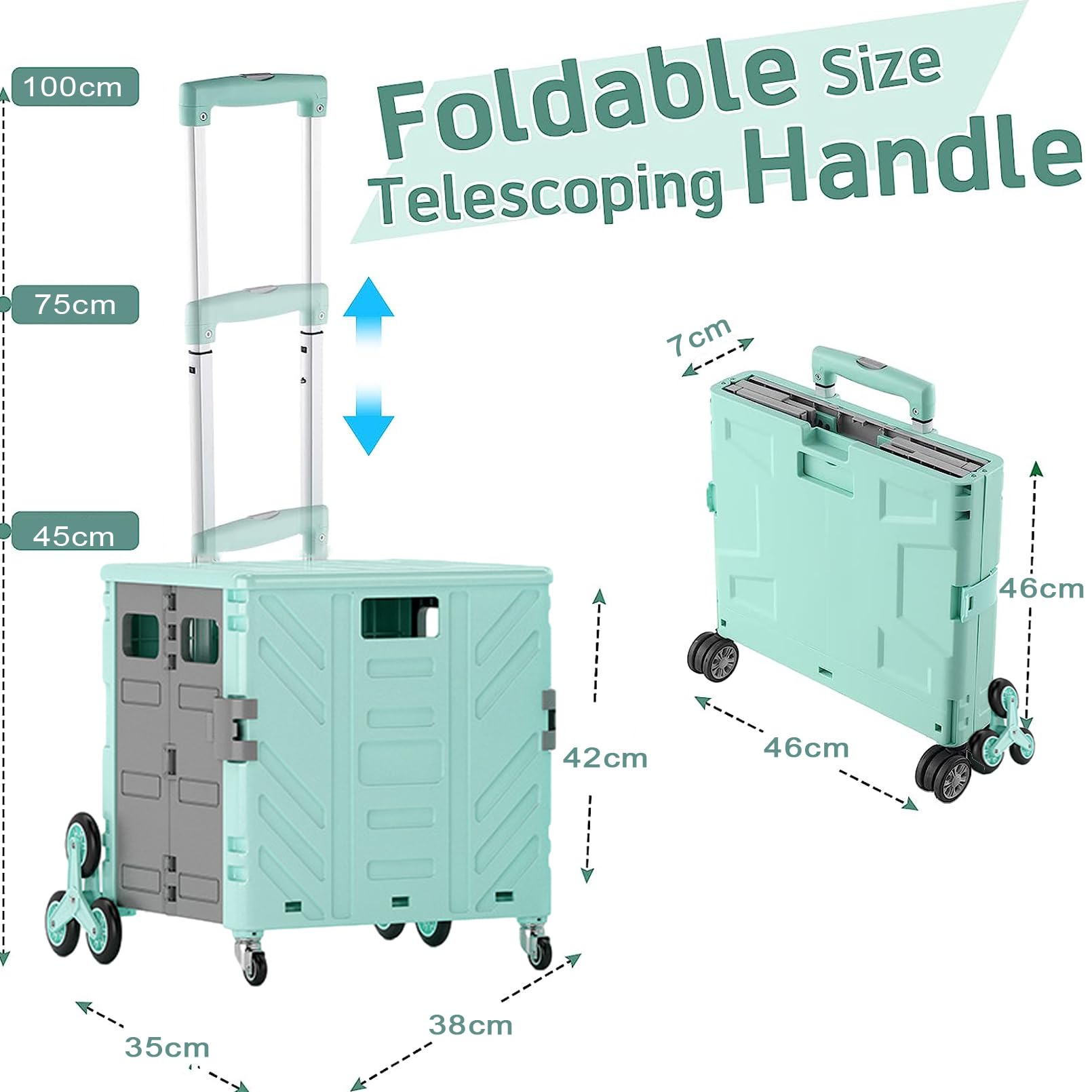 Carrello per la spesa pieghevole leggero con coperchio di sicurezza, carrello della spesa da 75 l, per viaggi, campeggio e salire le scale, capacità 50 kg, manico telescopico e ruote a 360°