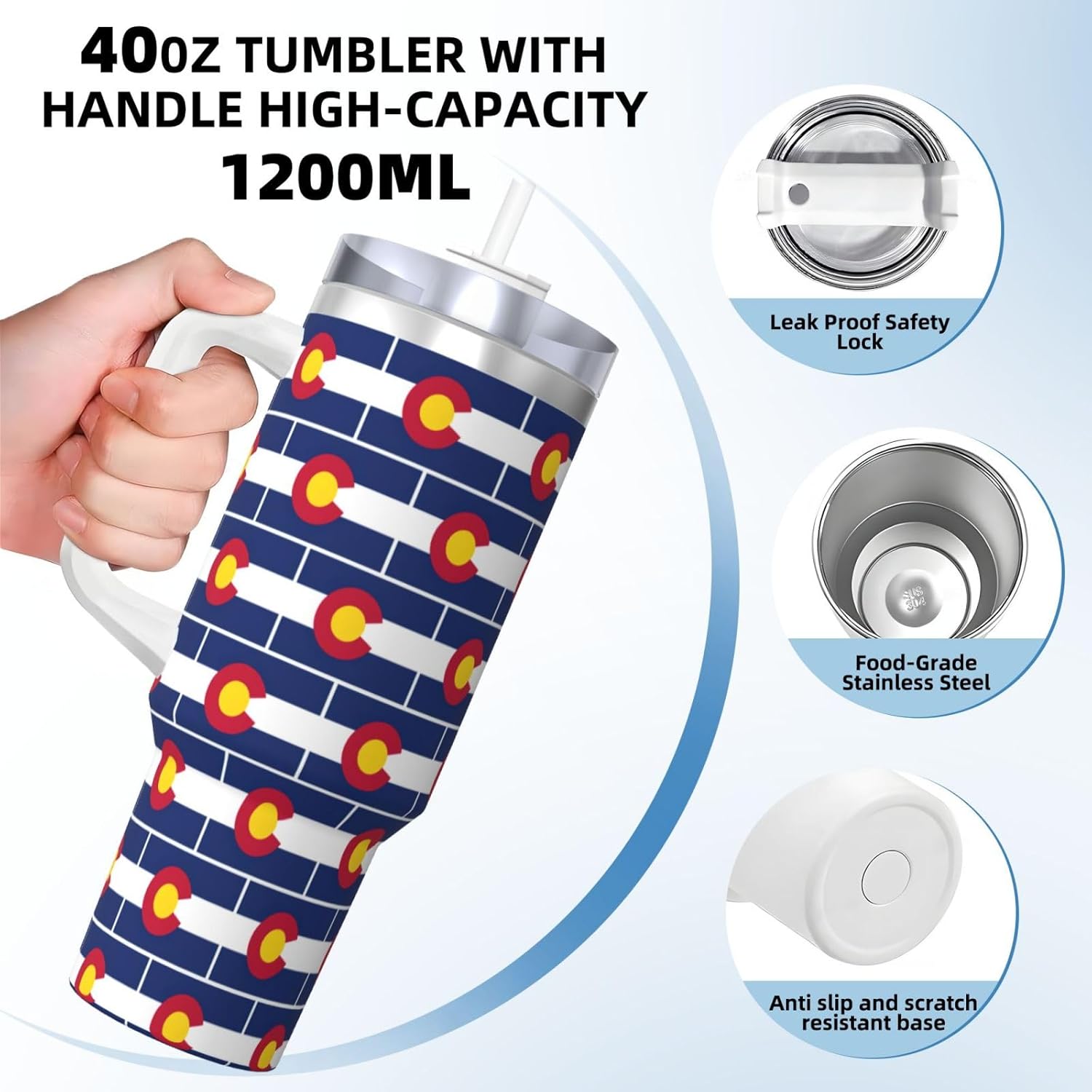 40 OZ Colorado state flag Print Ice Bully Cup with Handle Straw Lid Straw,Stainless Steel Tumbler Coffee Cup