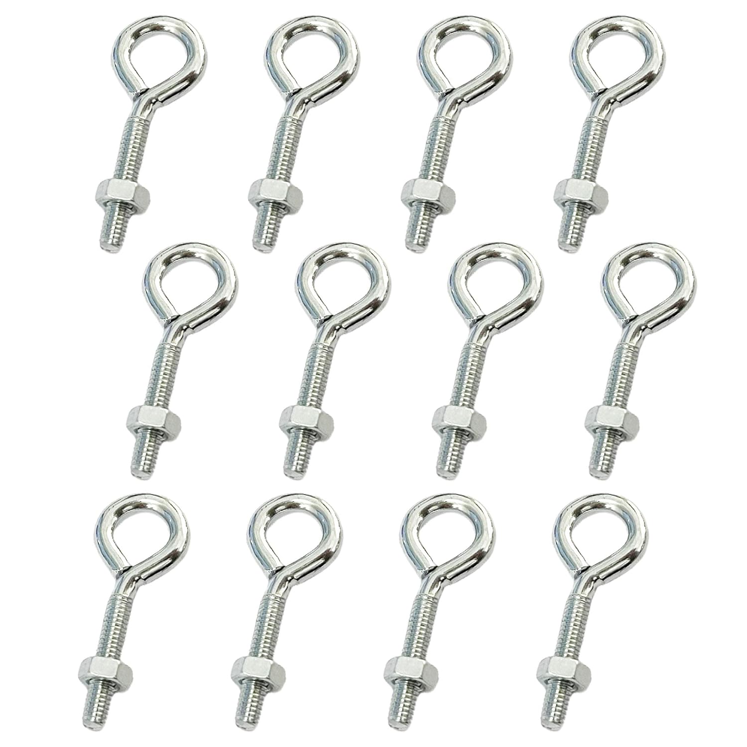 12PCS M3x8mm Eye Bolts with Nuts, Zinc Plated Carbon Steel Threaded Eye Hooks Screws with Hex Nuts for Hanging Cables Metal Wood Terminal Ring Applications