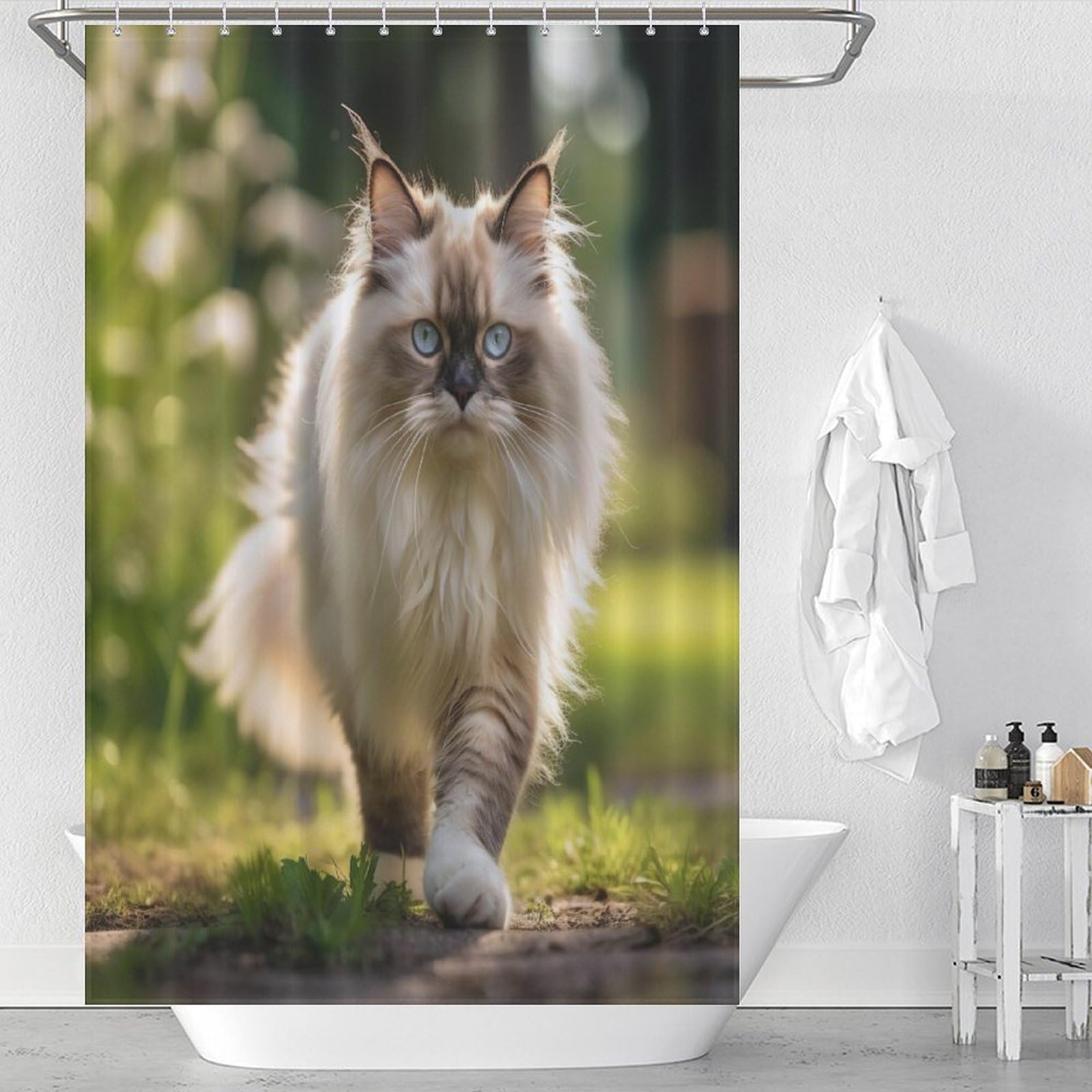 Rideau de douche chat mignon en polyester lavable et imperméable de 122x183cm