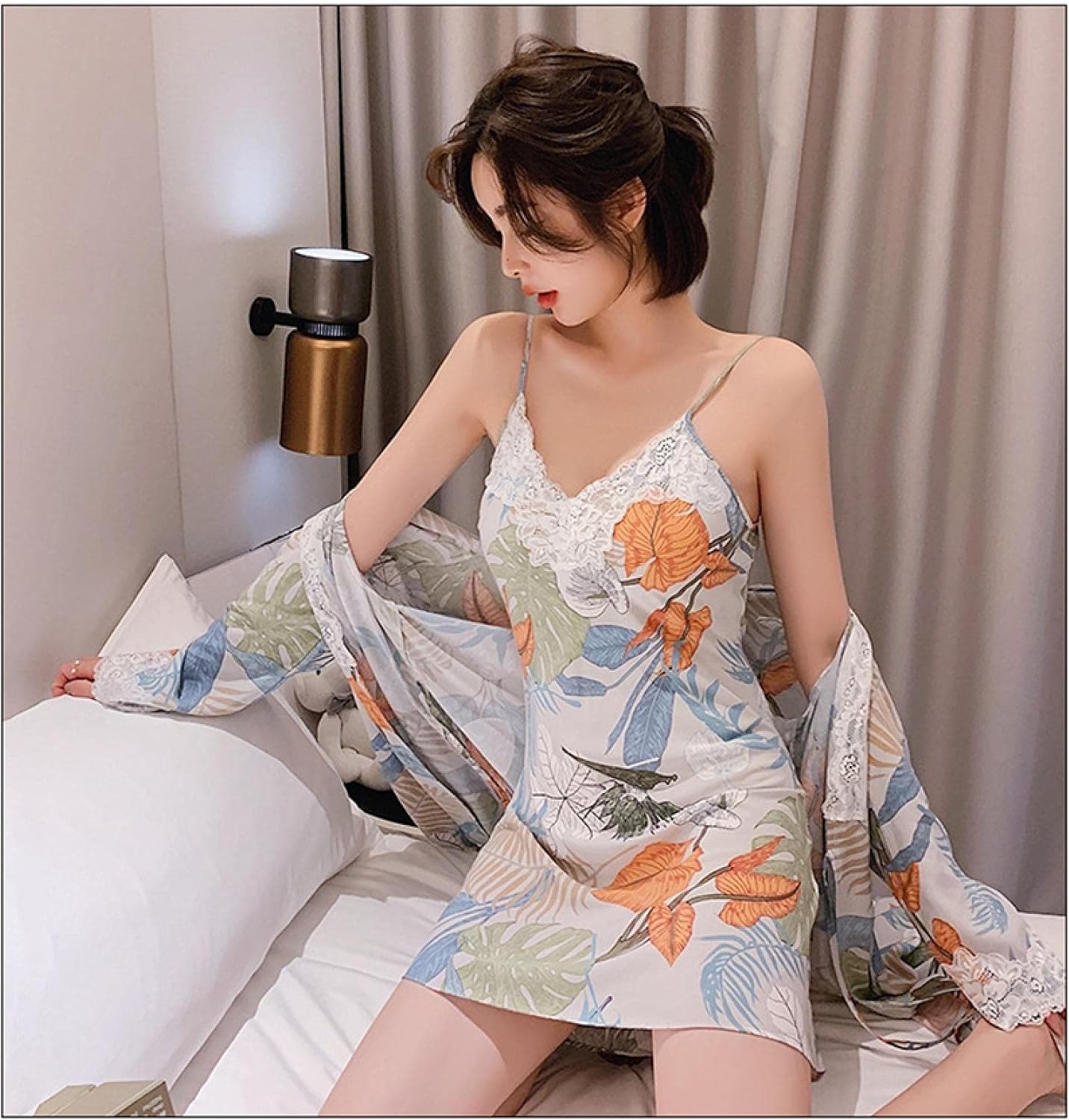 Pajamas Set 2 Pieces Women Sling Robe Printing Large Size Nightdress Lady Lace Homewear M color02