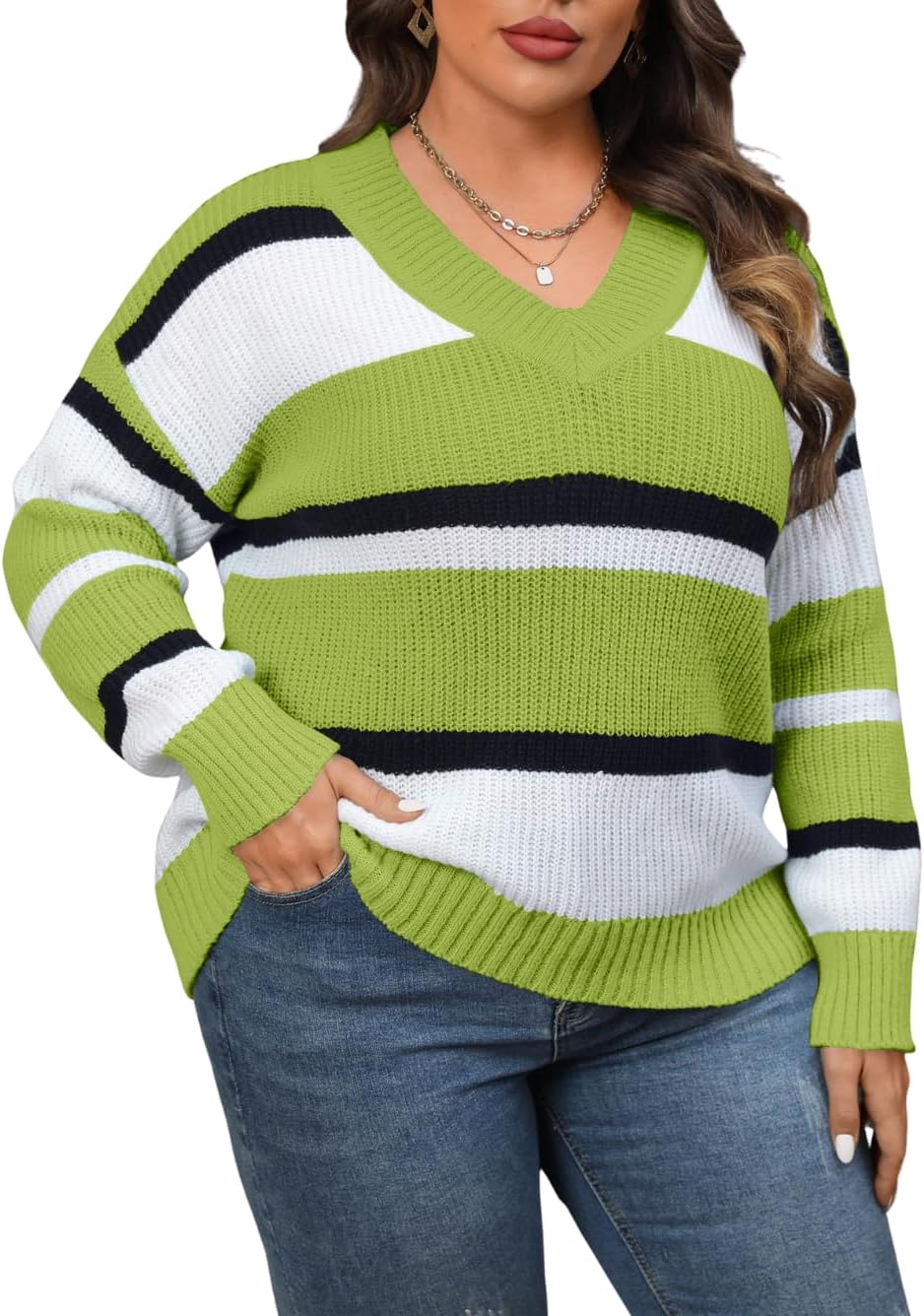Womens Plus Size Striped Sweater, V Neck Color Block Ribbed Knit Long Sleeve Pullover Top, Fall Winter Casual Outfits