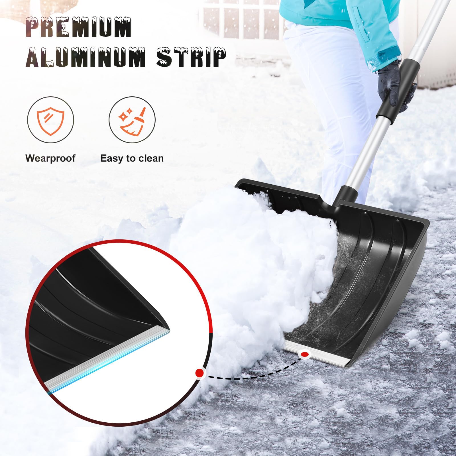 Luxshiny Pala da Neve con Manico Regolabile d Ergonomico, Capacità Ampia in Alluminio e Pp Resistente, per Rimuovere Neve e Ghiaccio da Strada e Giardino