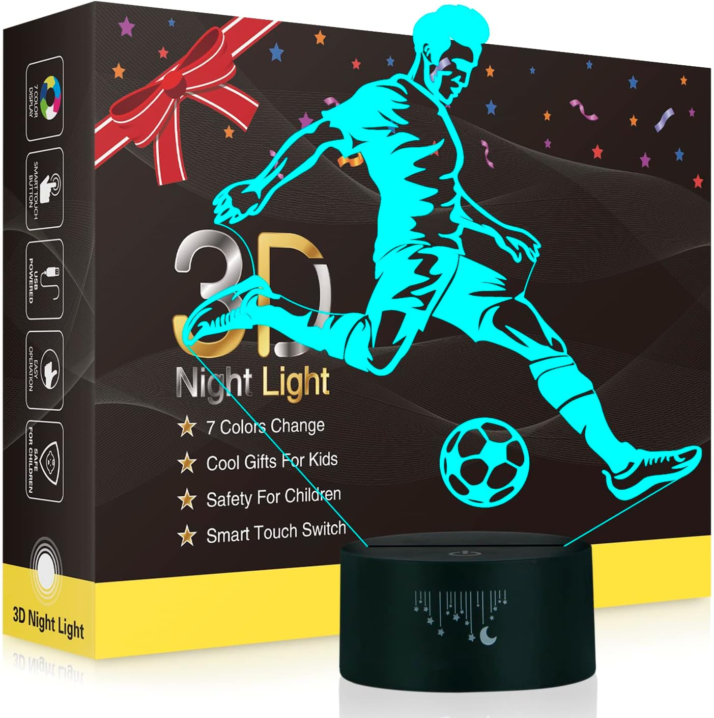 2Pcs Footballs Night Light,Besrina Bedside Lamp for Kids,7 Color Changing Touch Table Desk Frame Lamps for Room Decoration,Boys Toys Gifts for Xmas Birthday Holiday
