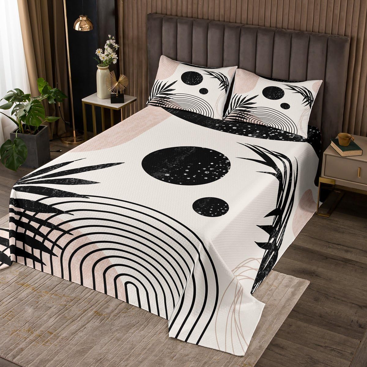 Boho Mid Century Bedspread King Size,Abstract Modern Minimalist Leaf Coverlet Set 3pcs,Geometric Sun Leaf Quilted Coverlet with 2 Pillowcases,Kids Boys Room Decor,Soft Bedding Quilt