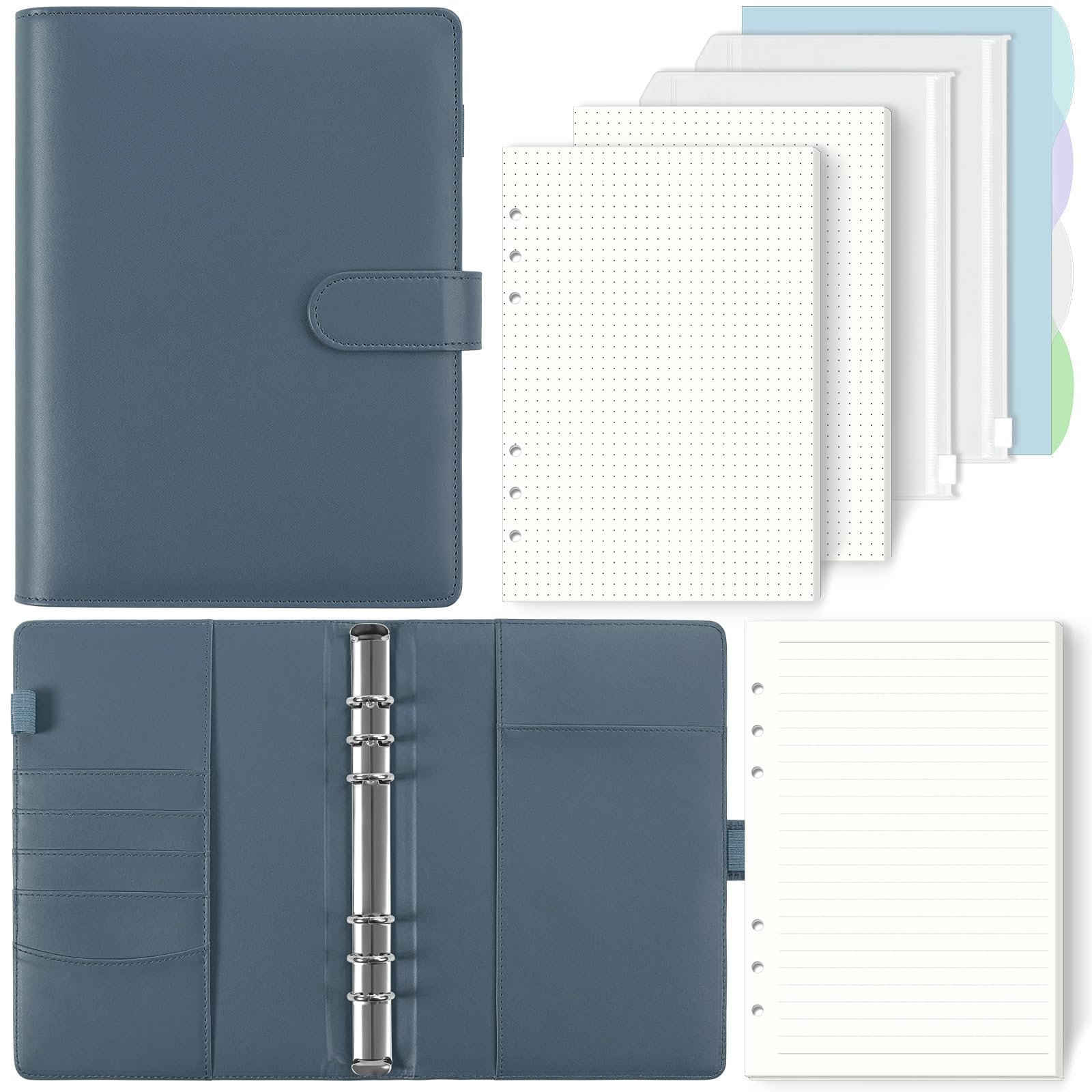 SKYDYE A5 6 Ring Binder - 135 Sheet Refill Paper, A5 Ring Binder Notebook with Pockets and Dividers for School Notes and Travel Diaries (Blue)