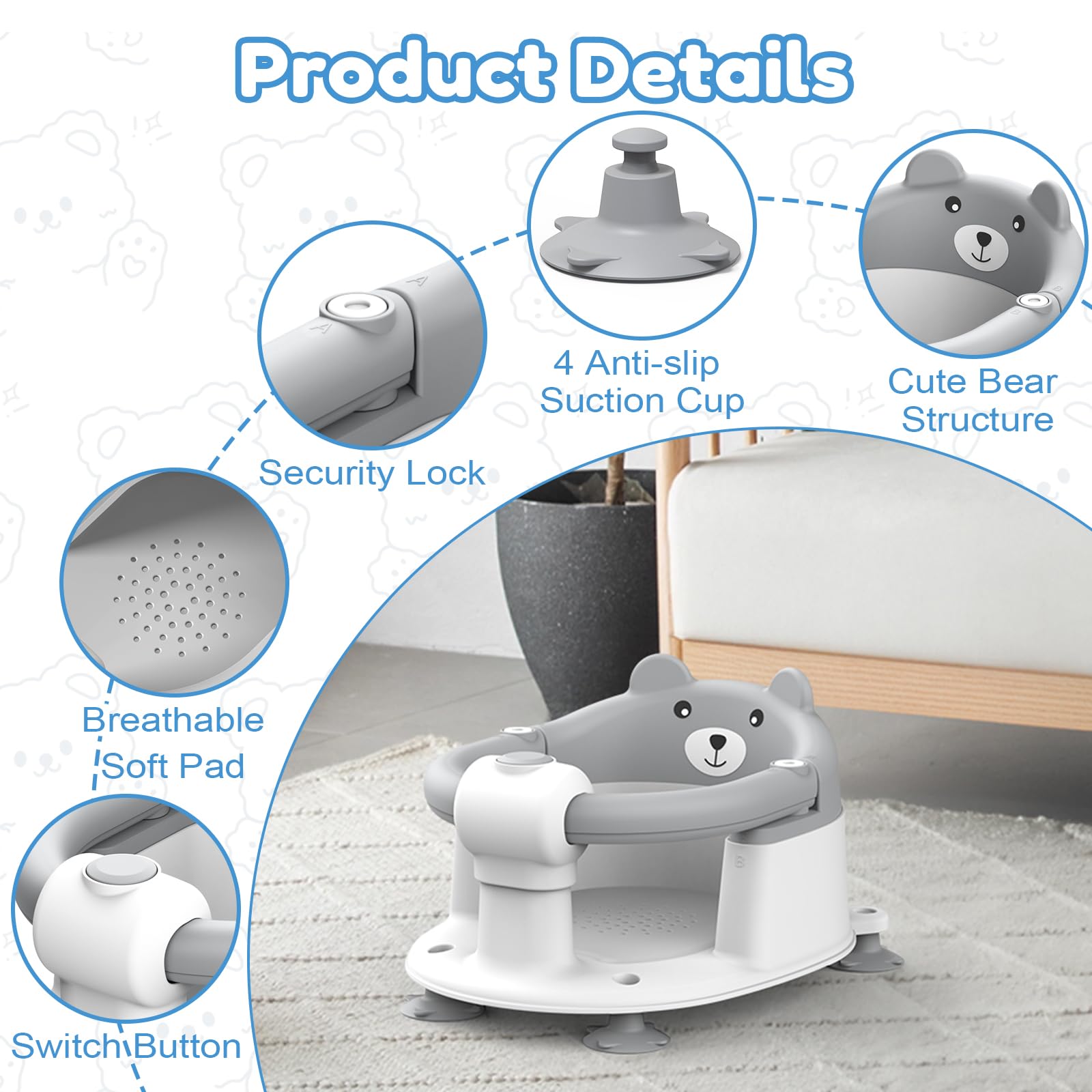 Baby SièGe Bain Ergonomique, SièGe de Bain Pour BéBé à Partir de 6 Mois, Baignoires Portables Avec 4 Ventouses Les Tout-Petits et Les Nouveau-NéS, Ours - Design (Gris)