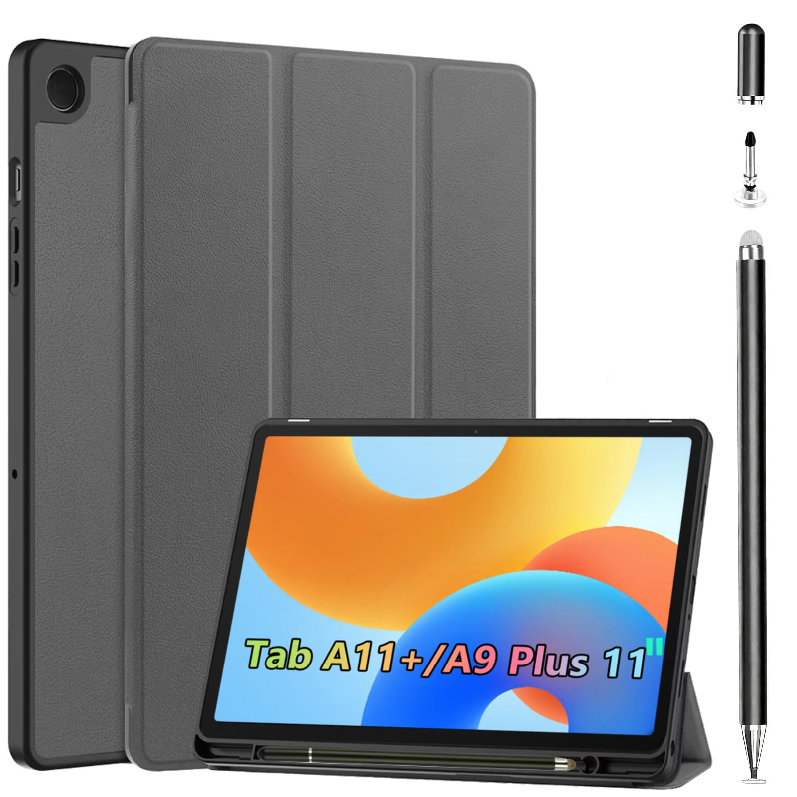 Case+Stylus Pen for Samsung Galaxy Tab A11+/A9 Plus 11 inch,Stiftschlitz, geeignet für Tab A9+/A11 Plus,automatische Wach/schlafmodi, zellulare Rückseite zur Wärmeableitung (grau)