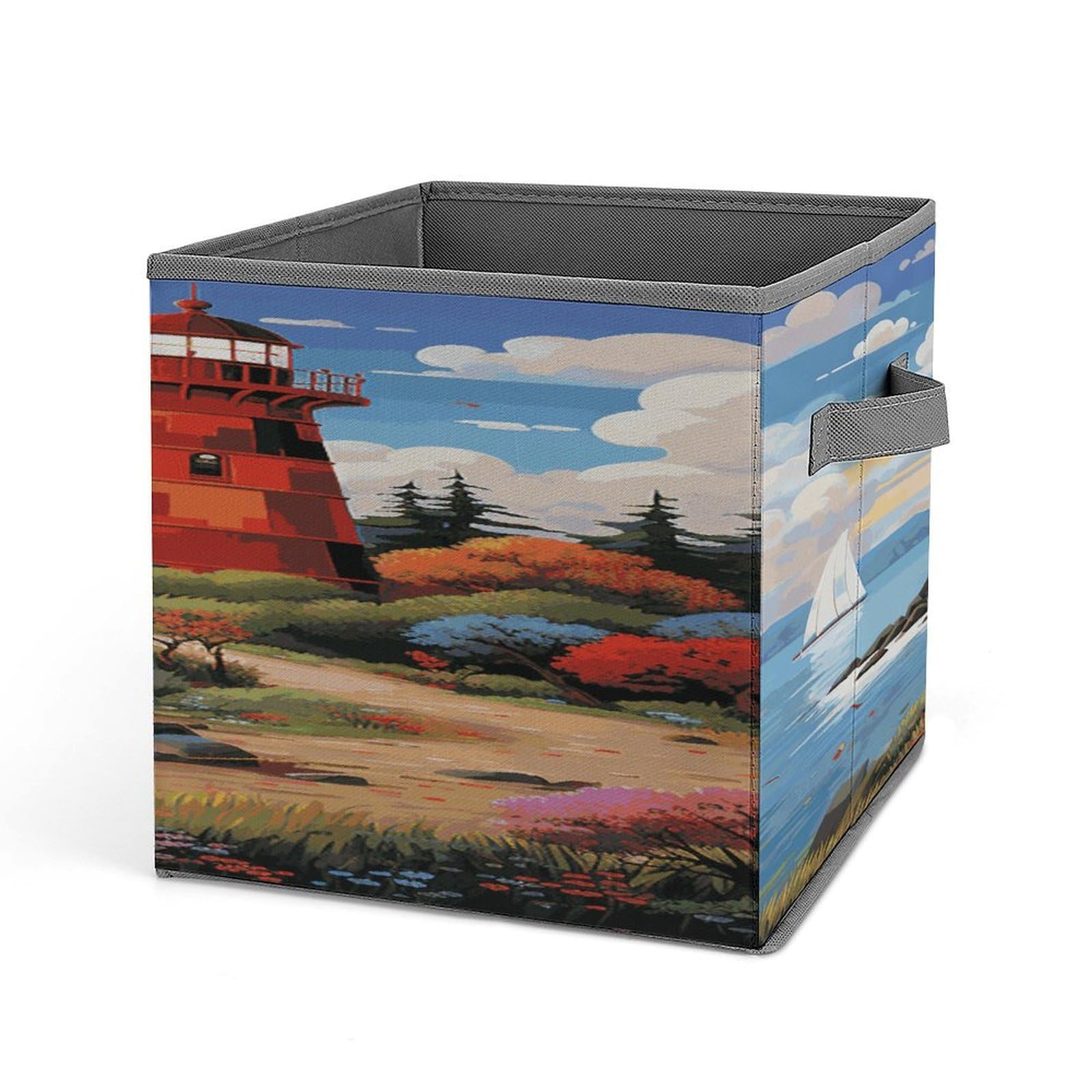 VstaDank Coastal Lighthouse Storage Bin Collapsible Storage Cubes Organizer Oxford Cloth Storage Box with Dual Handles Large Stackable Closet Storage Bins for Sheets Hat Sweater