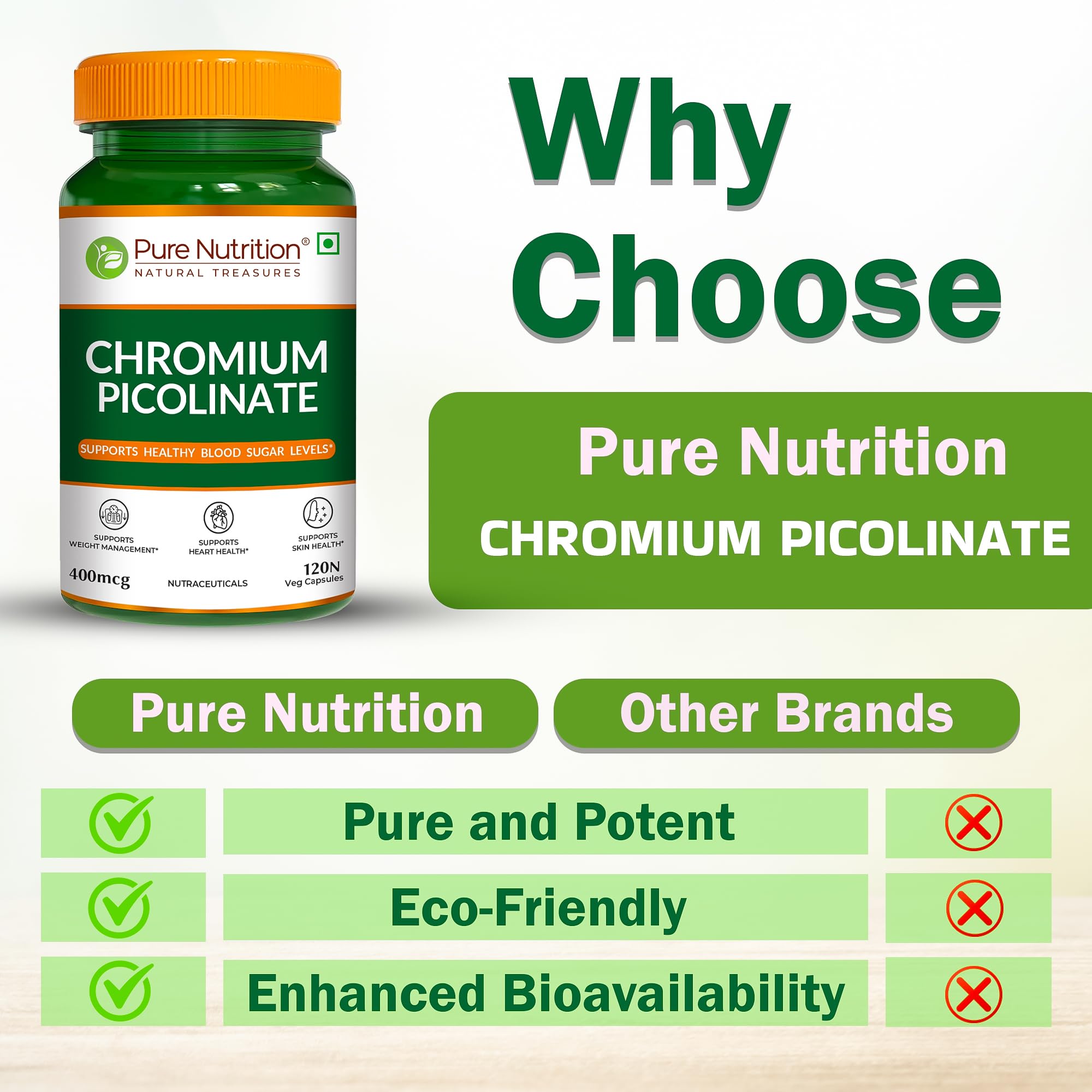 Pure Nutrition Chromium Picolinate Supplements | Chromium Picolinate 400mcg for Healthy Blood Sugar Level | Support Weight Management, Heart Health And Skin Health - 120 Veg Capsules — Amazon image 5