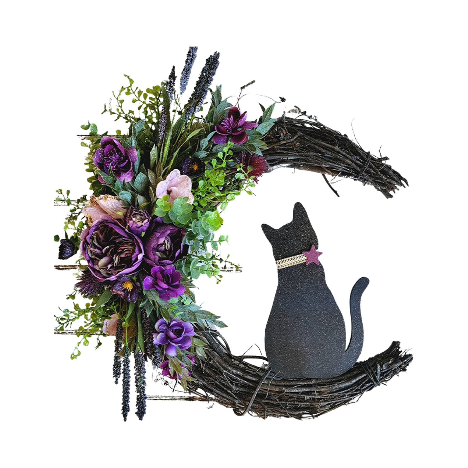 Liuyoyo Witchy Celestial Door, Art Halloween Lunar Decor Halloween Moon Cat Wreath Hanging Decor Cat Wreath Botanical Crescent Moon for Home