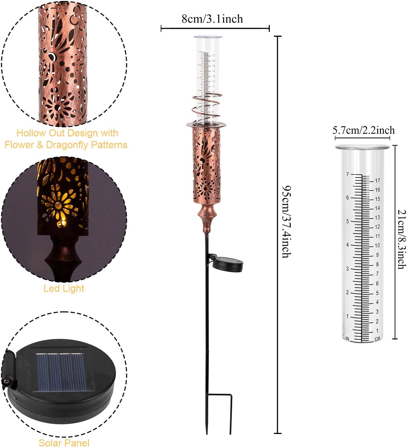 Copper Solar Rain Gauge Outdoor and 14" Copper Sun Metal Outdoor Thermometer for Garden Patio Home Decor