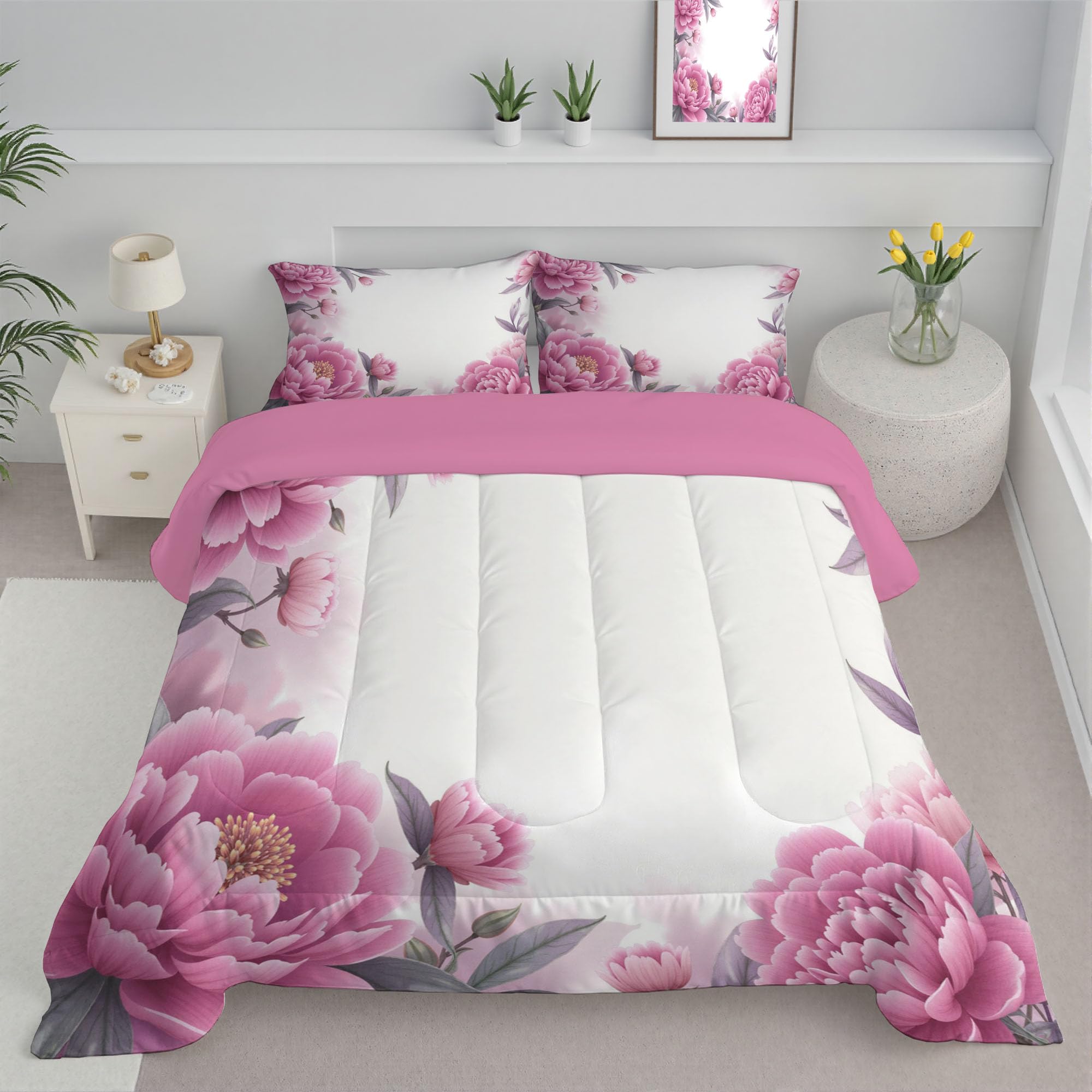 Couette Réversible Bordure De Pivoines pour lit 2 Personnes Couette sans Housse Fleurs À L'Aquarelle Ultra Douce Lavable en Machine avec Taies d'Oreiller pour Toutes Saisons, Violet, 260x230cm