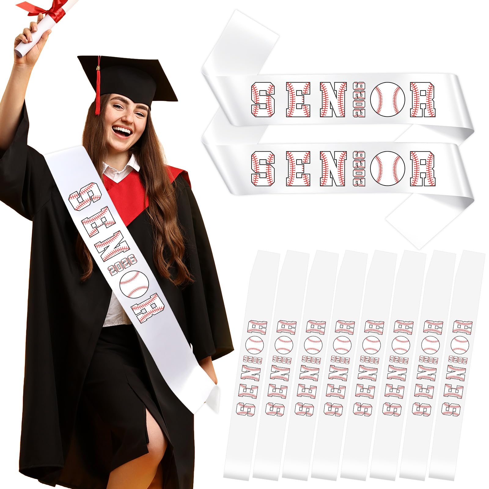 Photo 1 of 10Pcs Senior 2026 Satin Sashes White Sashes Baseball Class of 2026 Graduation Sash Senior Cheer Sash with Sport Letter for Baseball Competition Cheerleader Celebration Sport Theme Party Decor Supplies
