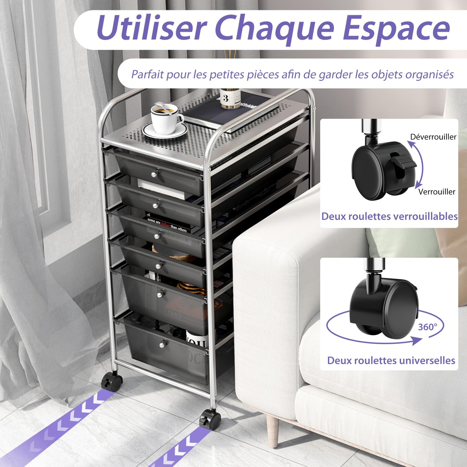 GIANTEX 6 Tiroirs Chariot de Rangement, Tour de Rangement Bureau sur roulettes, Desserte à roulettes Verrouillables avec Cadre Métal, Idéal pour Bureau, Salon, Chambre (Noir)