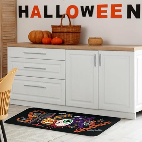 Miniatura 5 de Ceenna Juego de 2 alfombras y tapetes de cocina de Halloween, tapete antideslizante con corredor de Halloween, lindos tapetes de cocina para el
