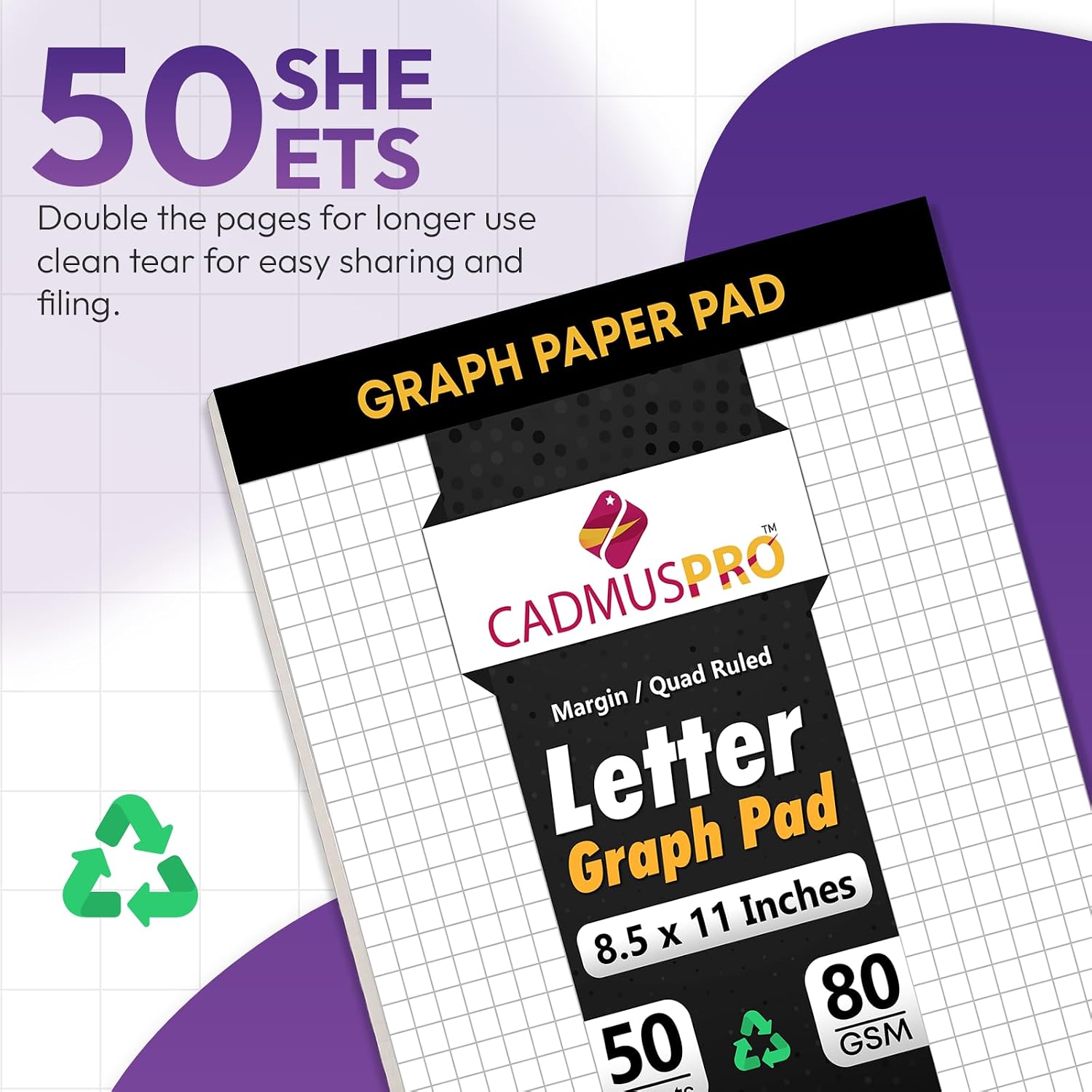 Graph Paper Pads 8.5x11 Inch, 5 Pack 250 Sheets, Double-Sided 80 GSM Quadrille Grid Math Notebook Paper for Students, Engineering Pad, Blueprint Drafting and Architecture Sketch