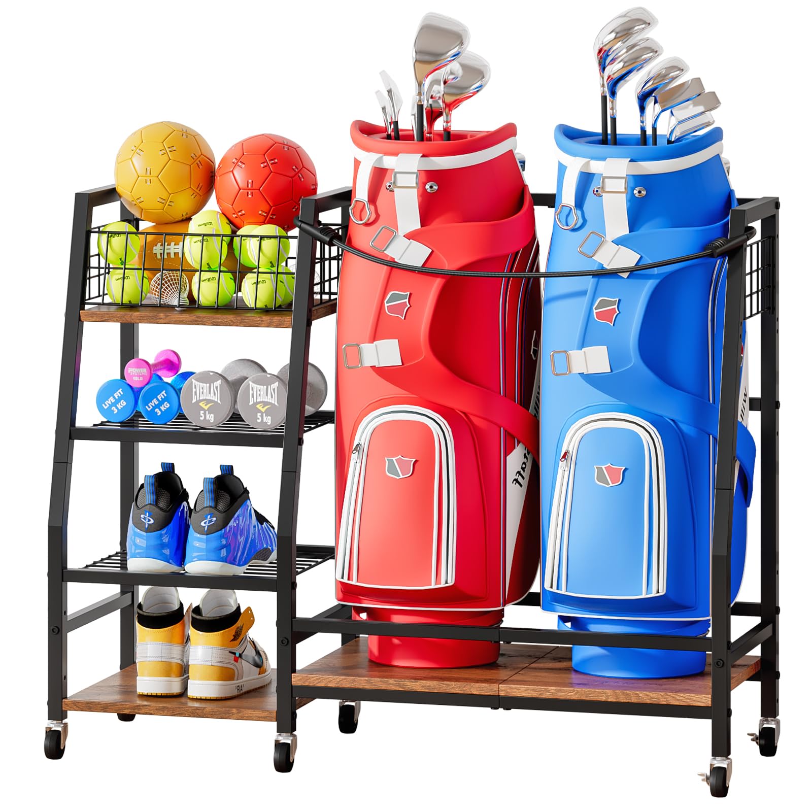 Support de Rangement pour Clubs de Golf avec roulettes, Organisateur Robuste pour Sacs de Golf, Grand Support pour Équipements de Golf, Meuble de Rangement pour Maison et Garage